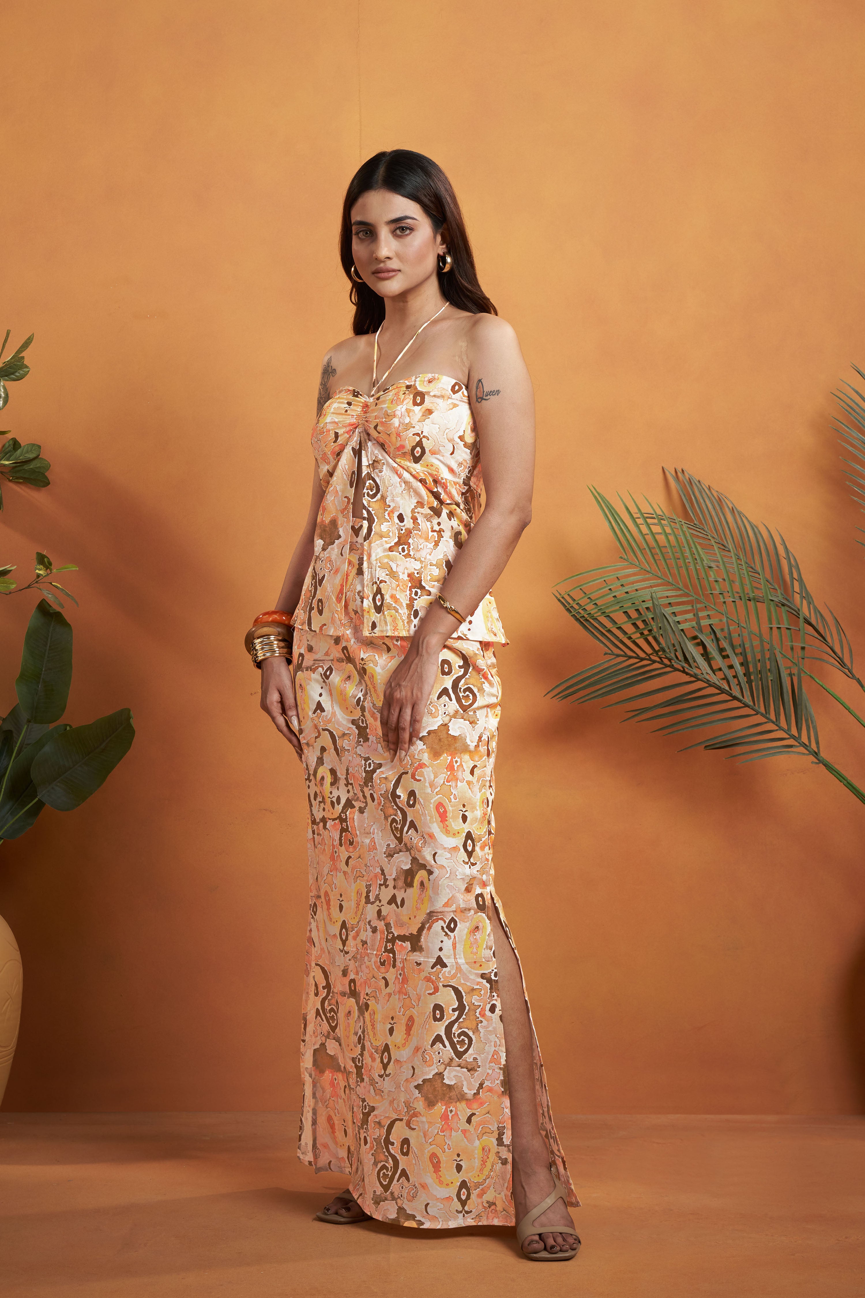 Printed Halter Neck Top with skirt