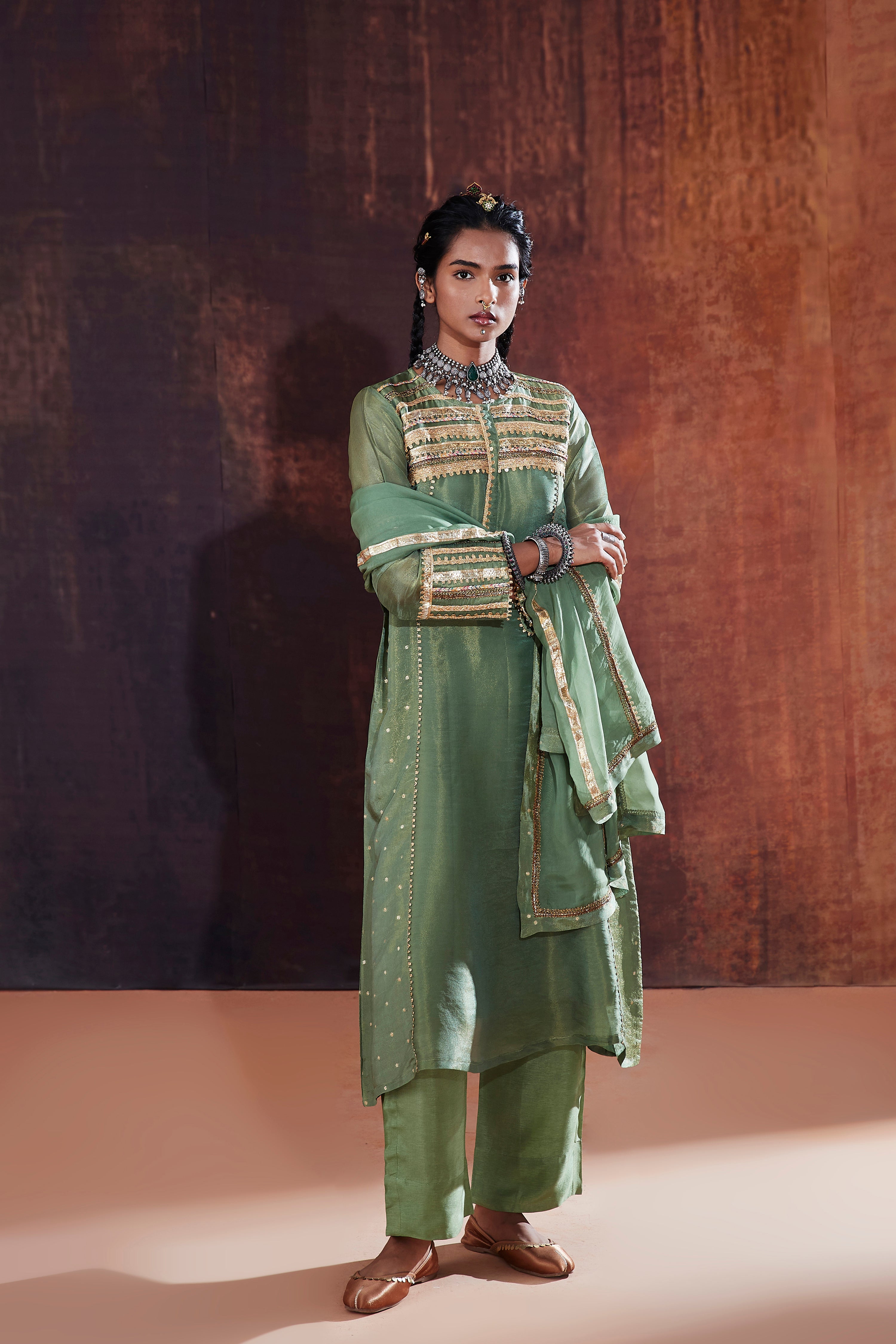 Moss Green Jacquard Kurta Set