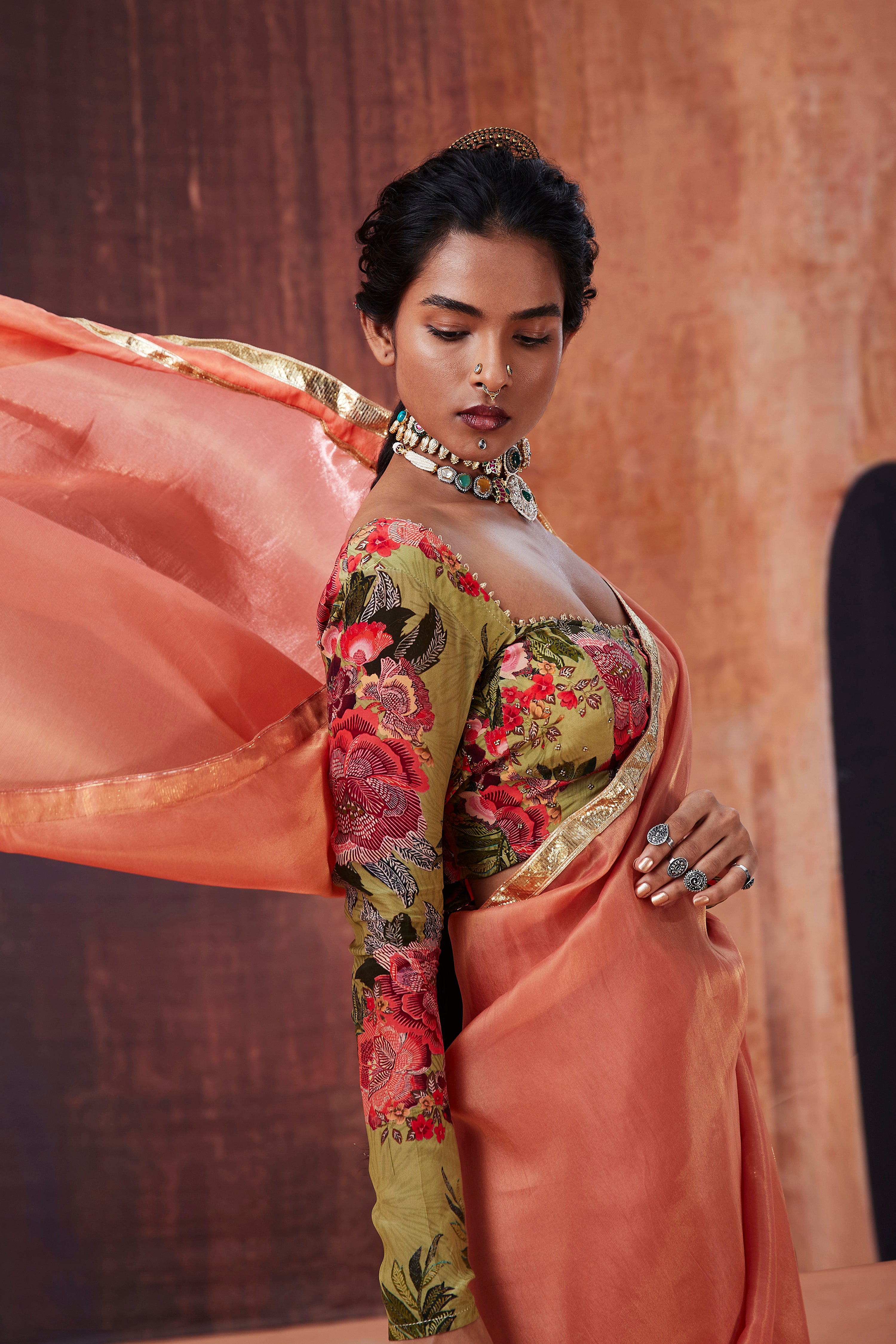 Coral Tissue silk Saree Set