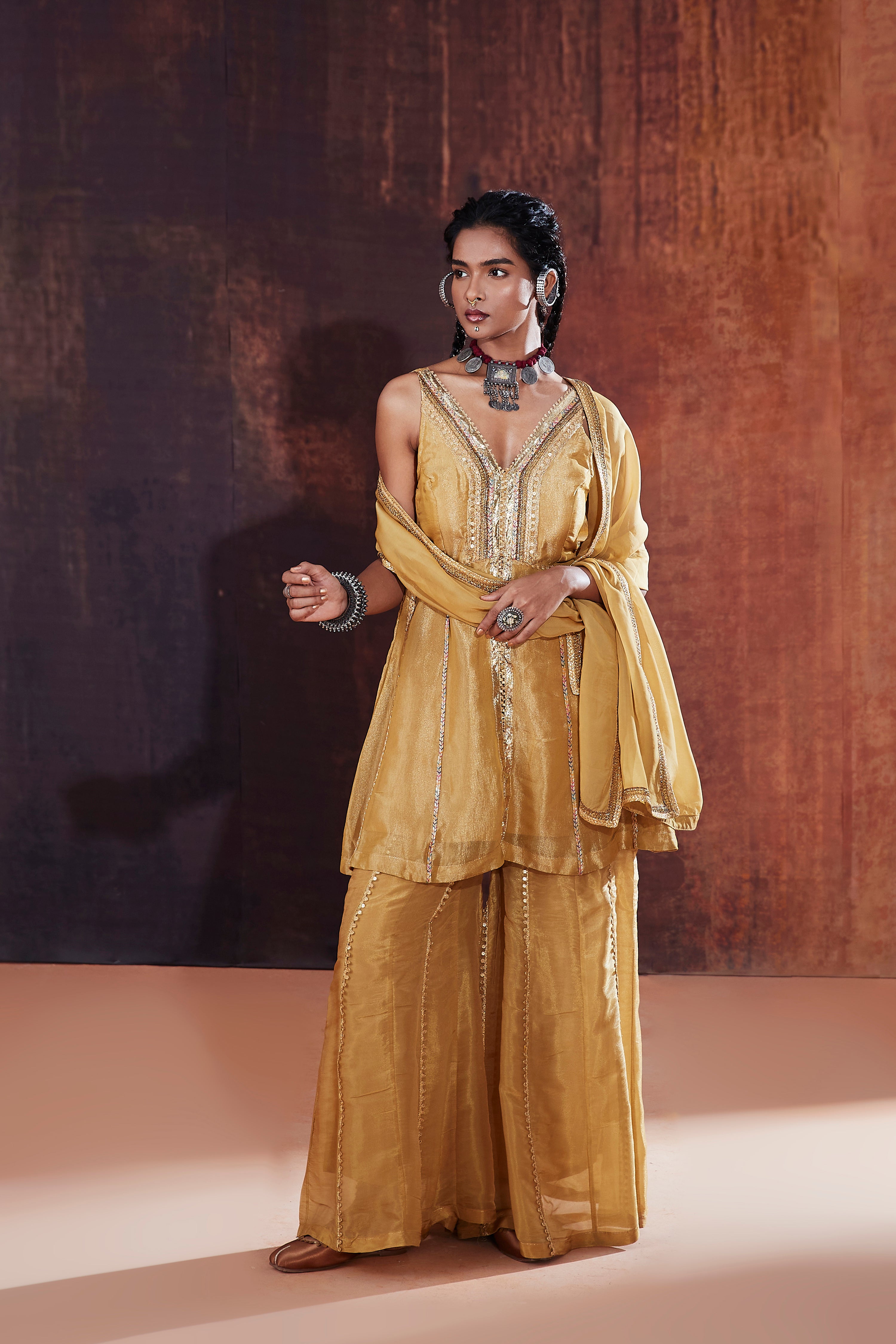 Gold Crush Tissue Sharara Set