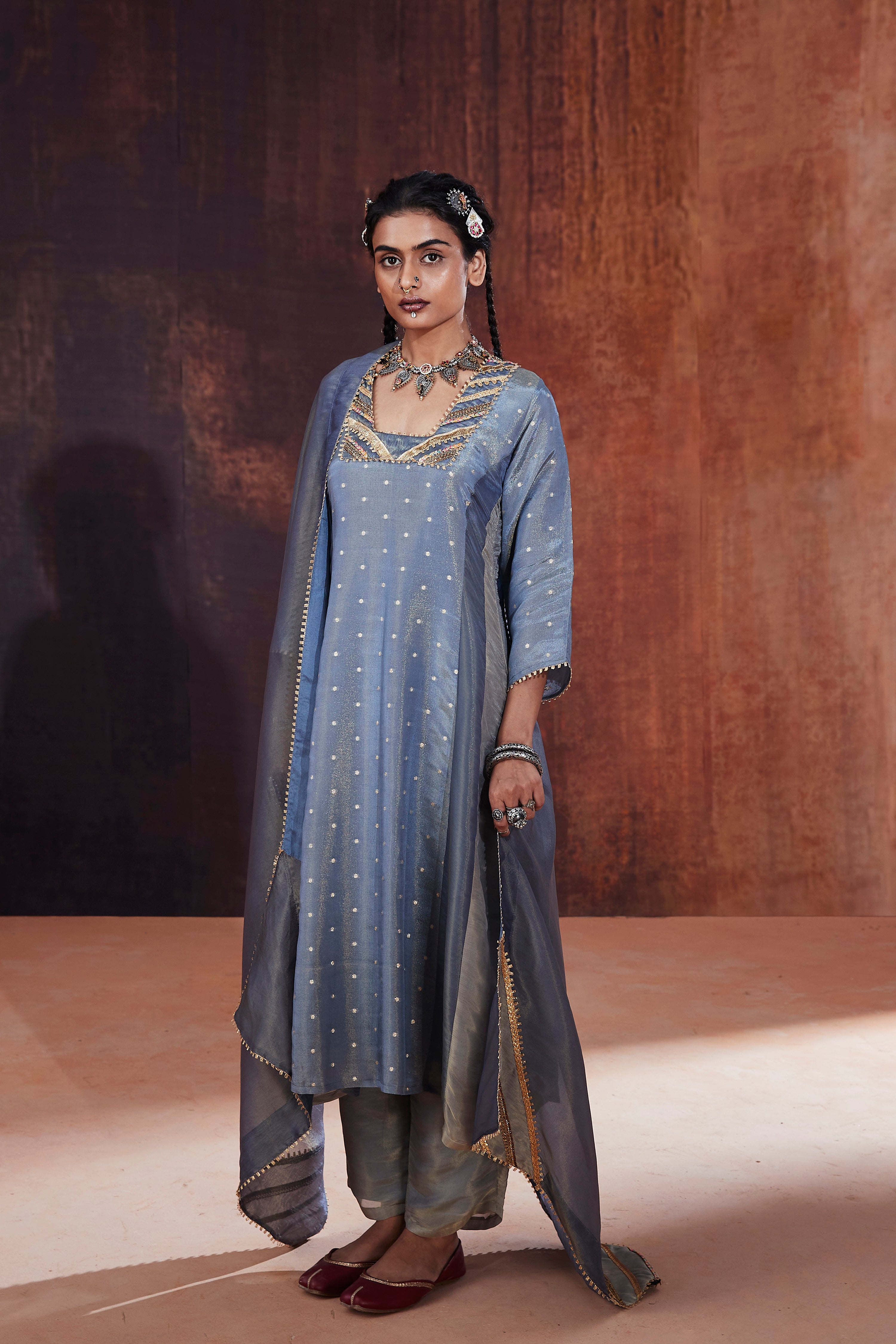 Blue Jacquard A-line Kurta Set