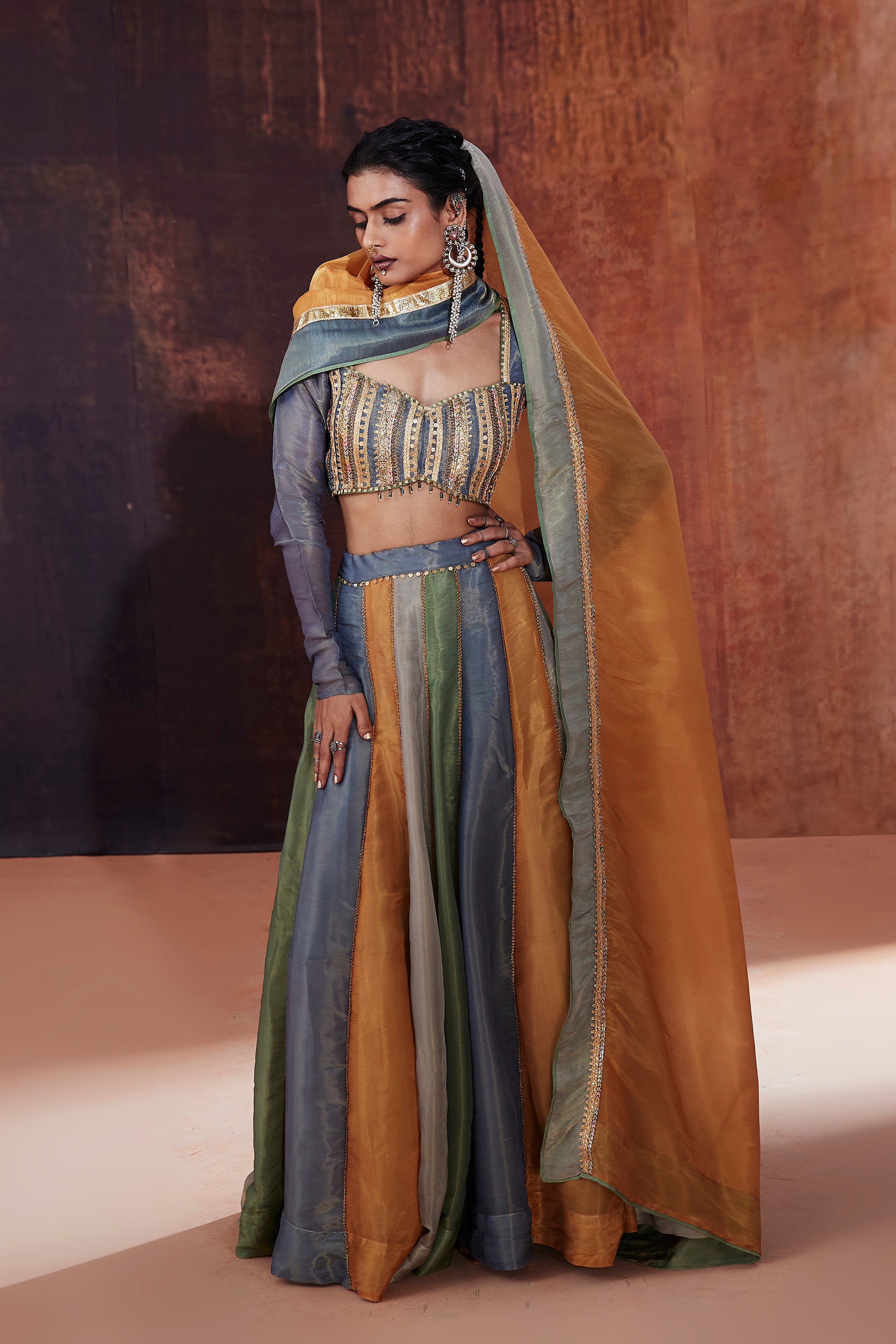 Multicolored Tissue Lehenga Set