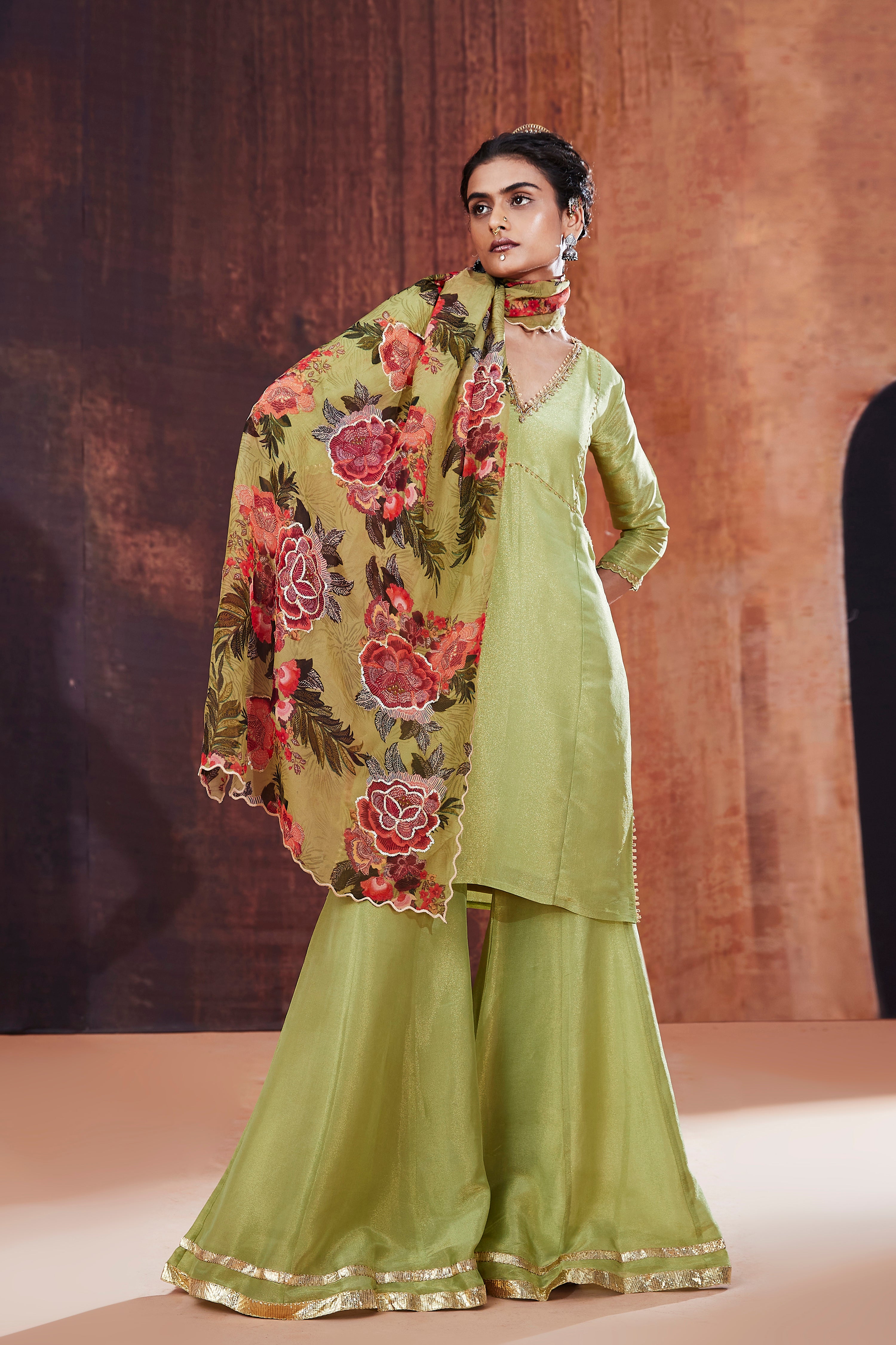 Moss Green Tissue Silk Sharara Set
