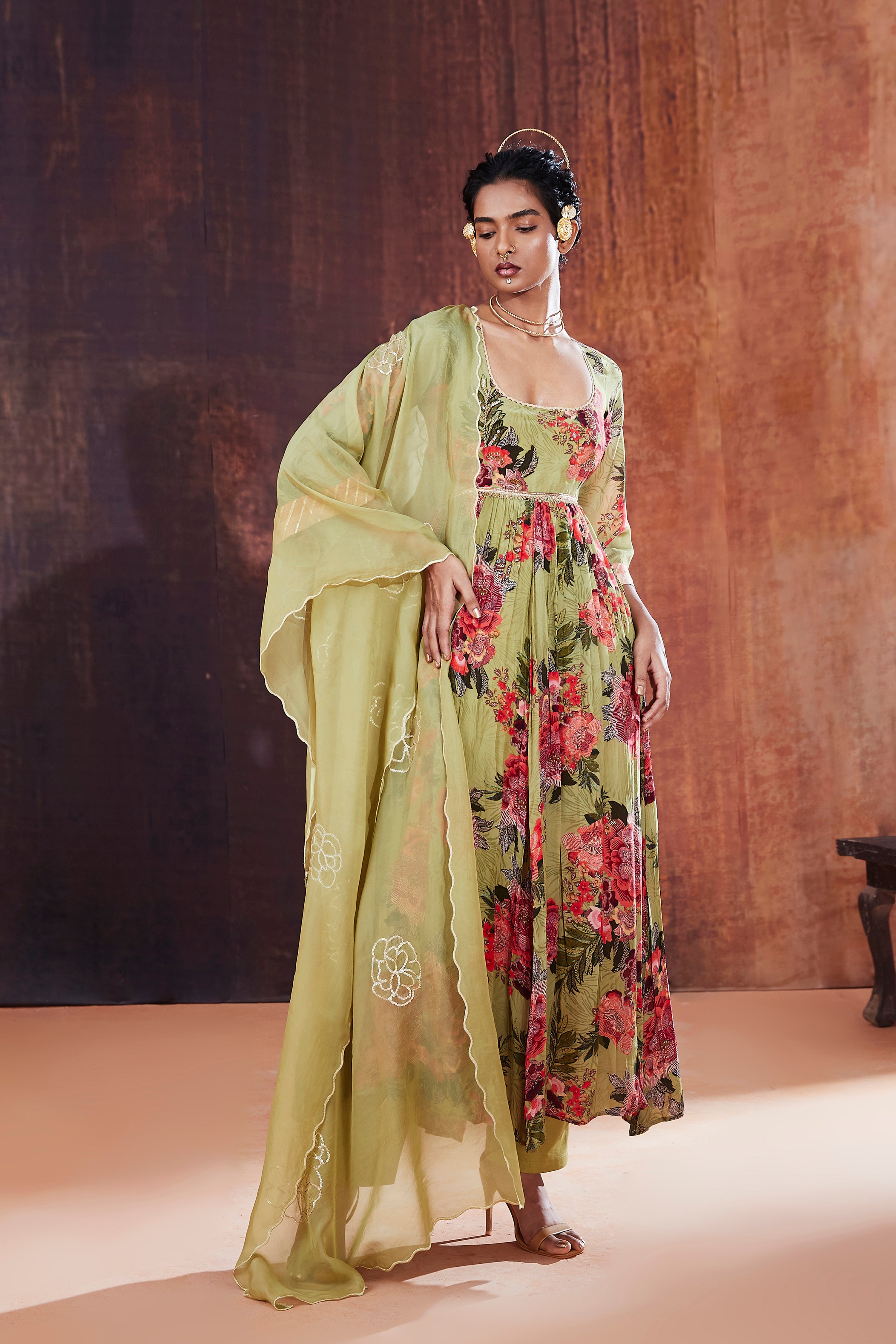 Moss Green Floral Printed Anarkali Set
