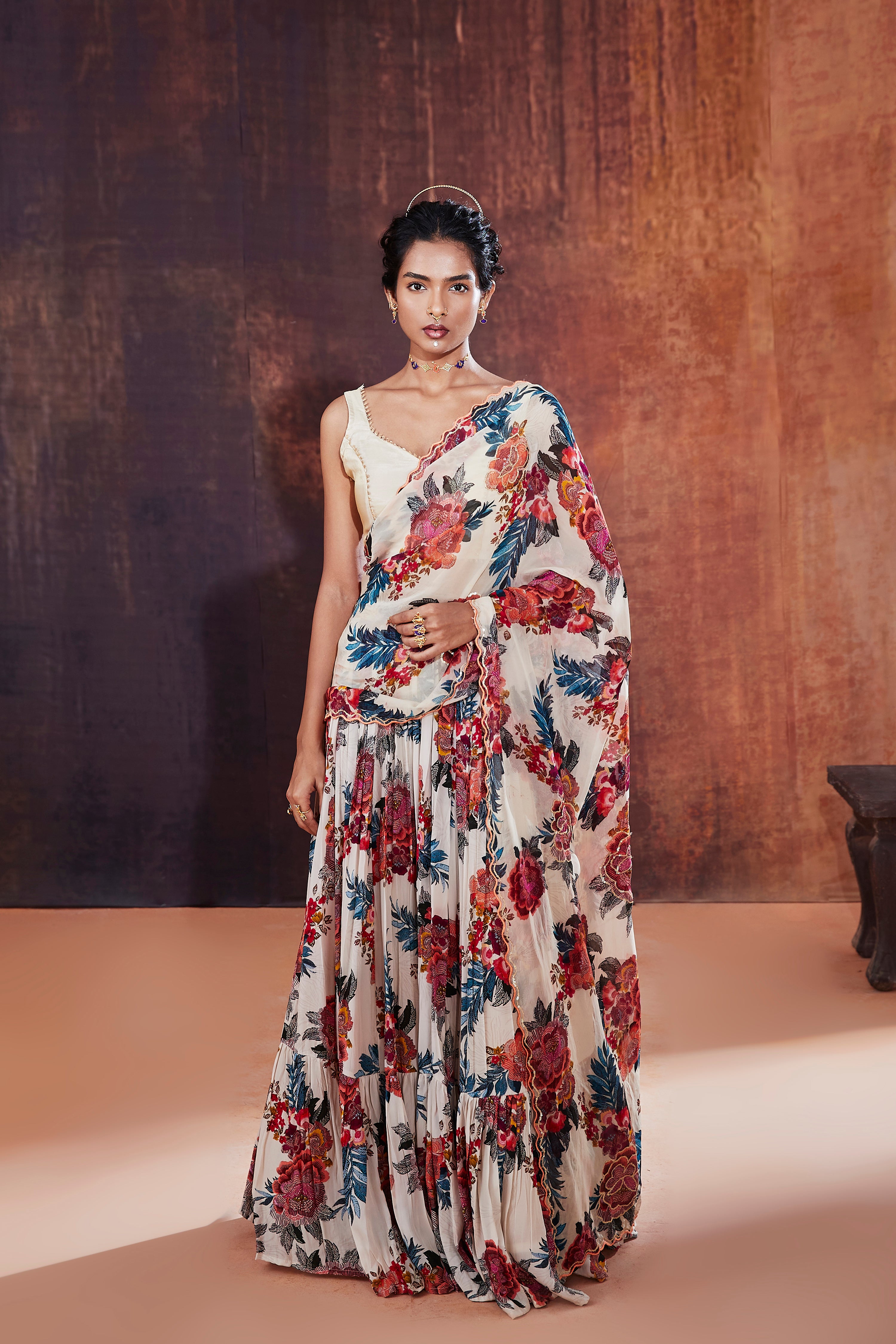 Ivory Floral Printed Lehenga Saree
