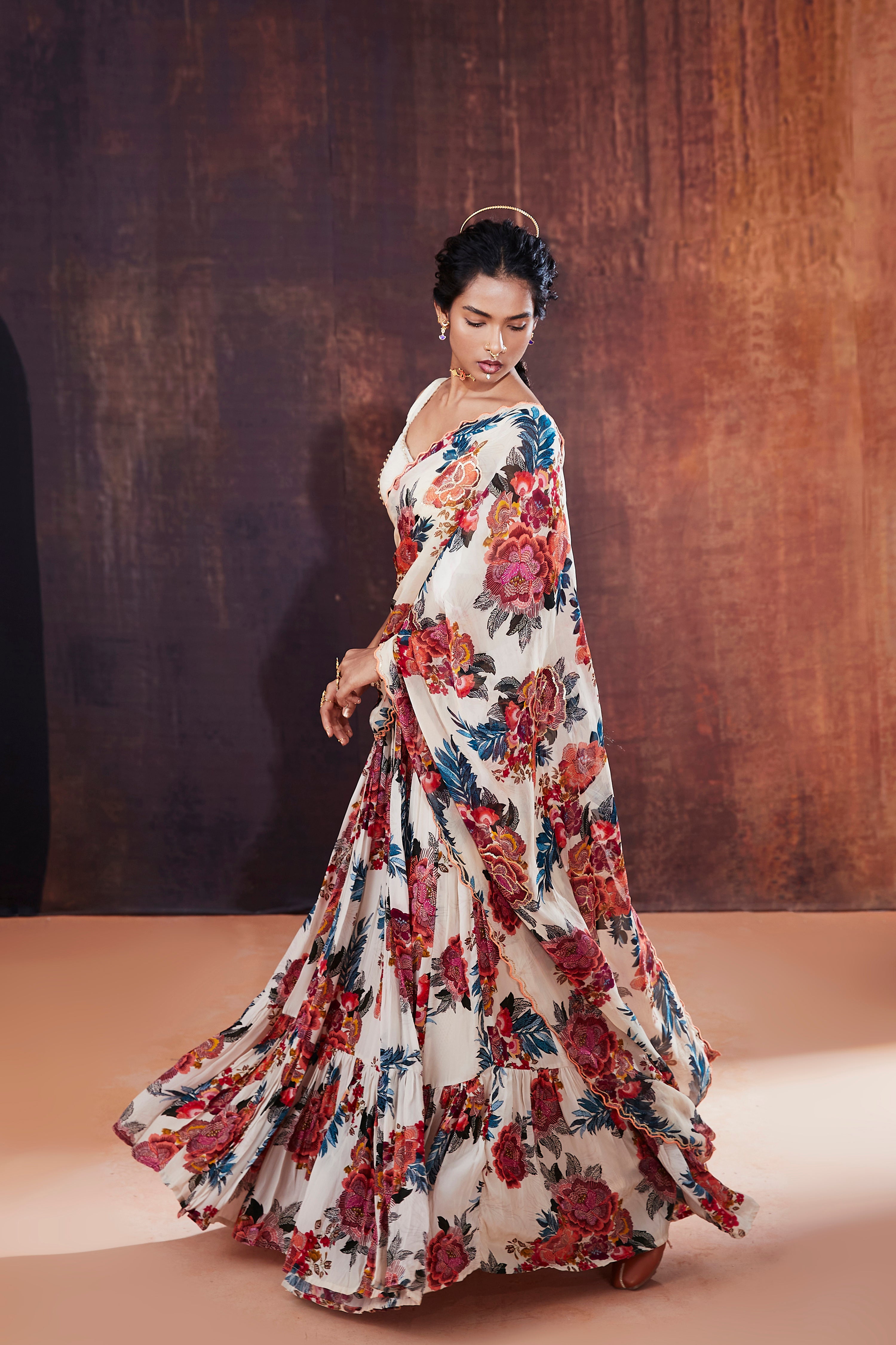 Ivory Floral Printed Lehenga Saree