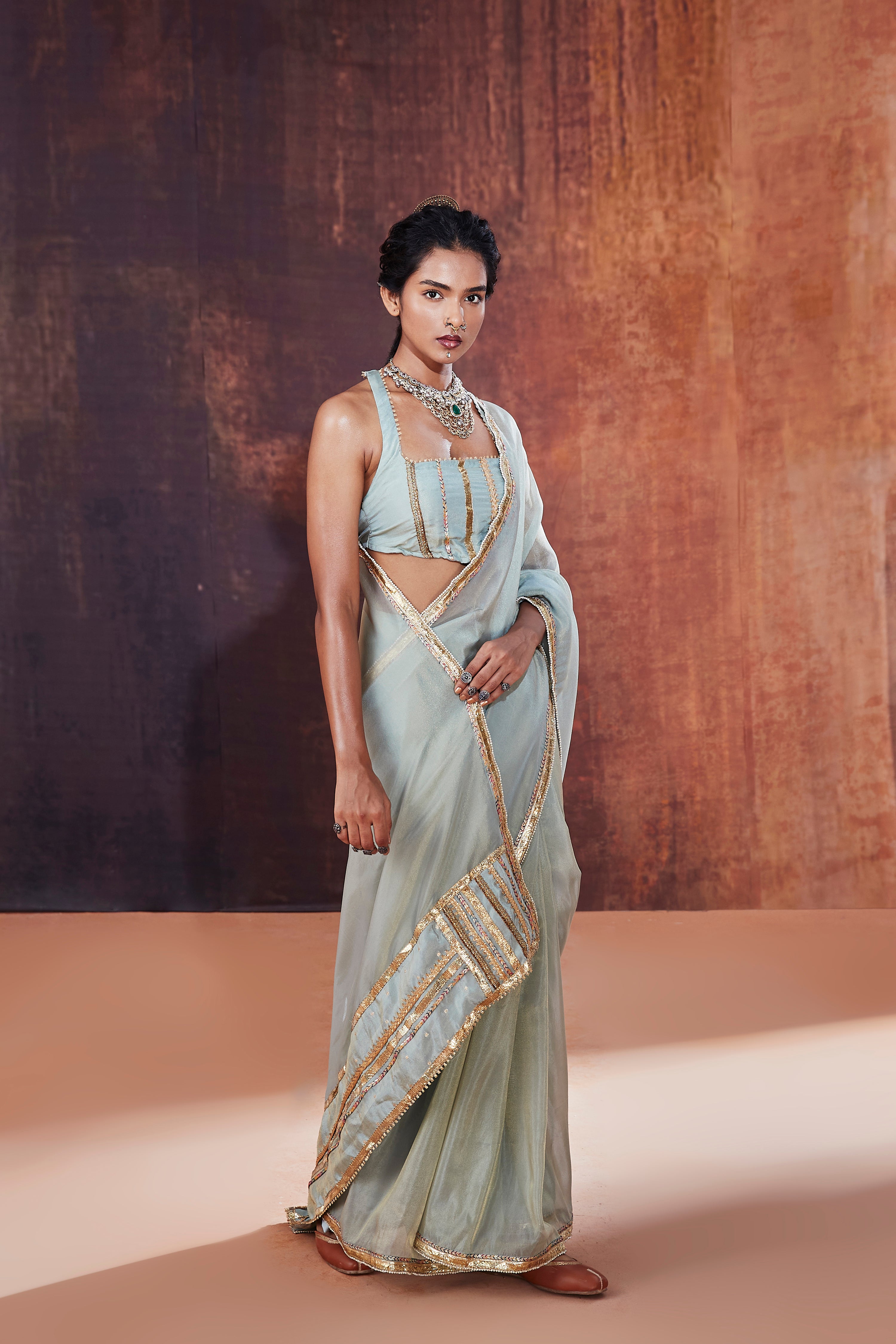 Powder Blue Tissue Saree Set