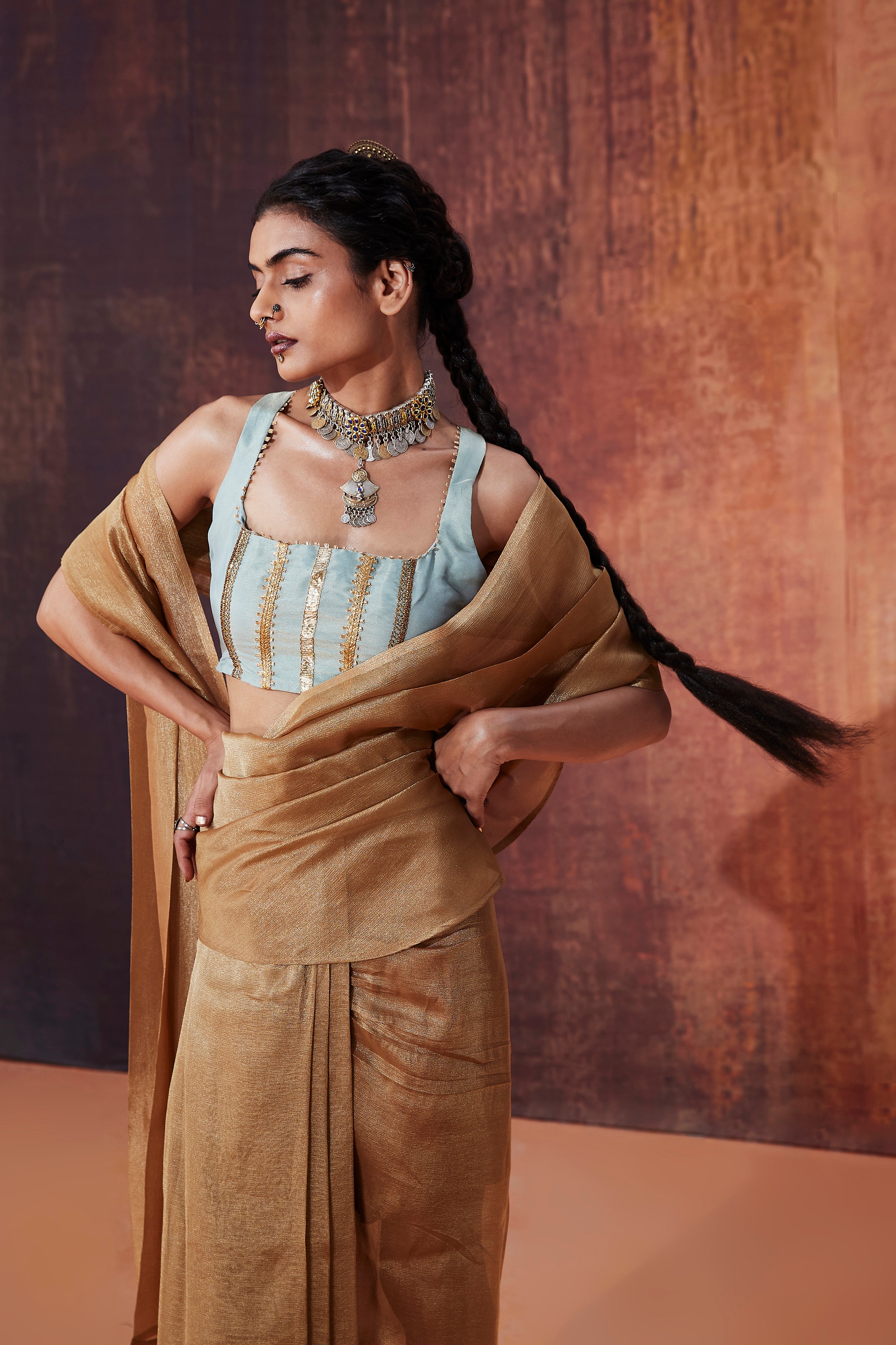 Gold Crush Tissue Pre-drape saree