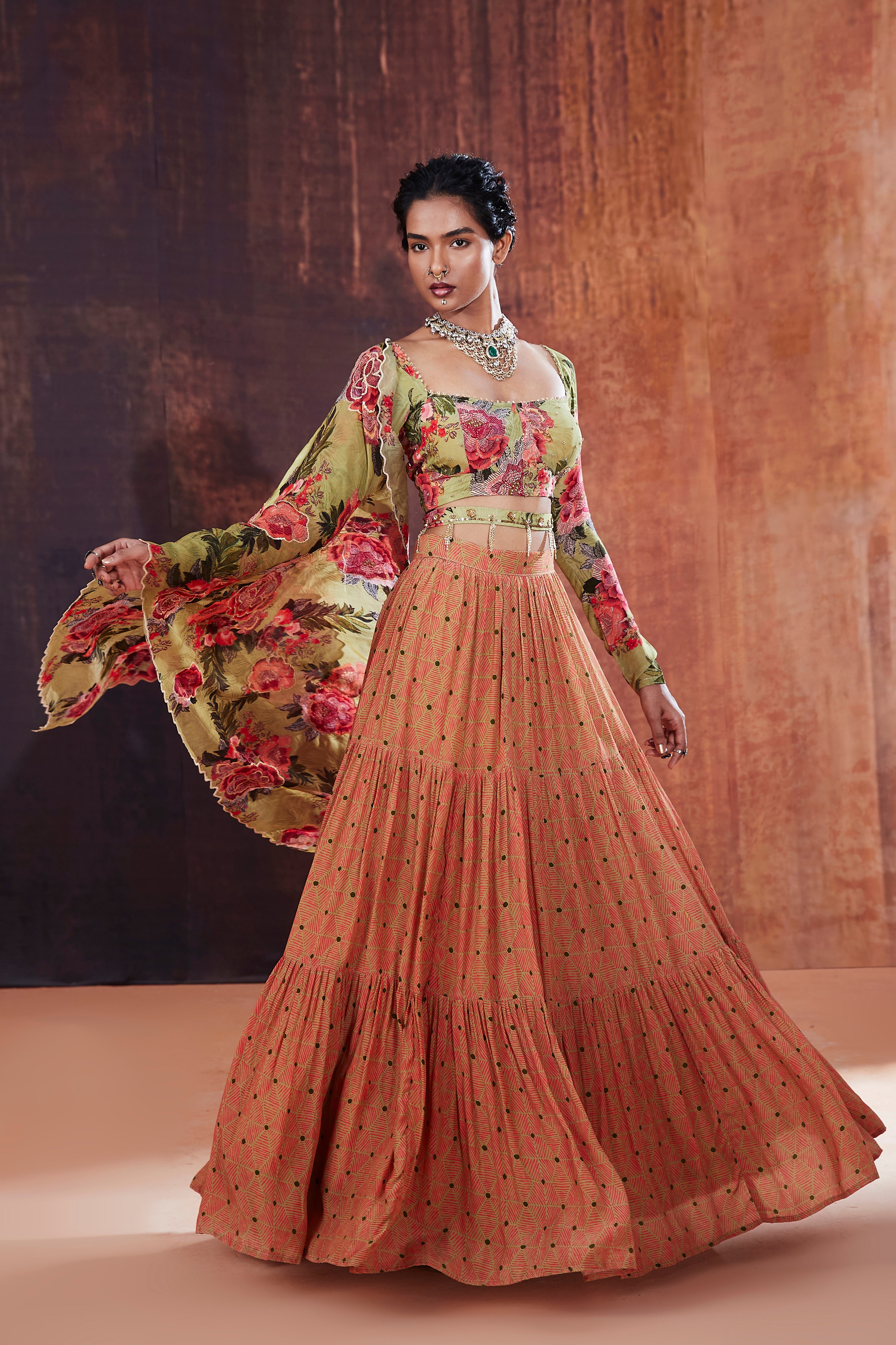Moss Green Floral Printed Lehenga Set
