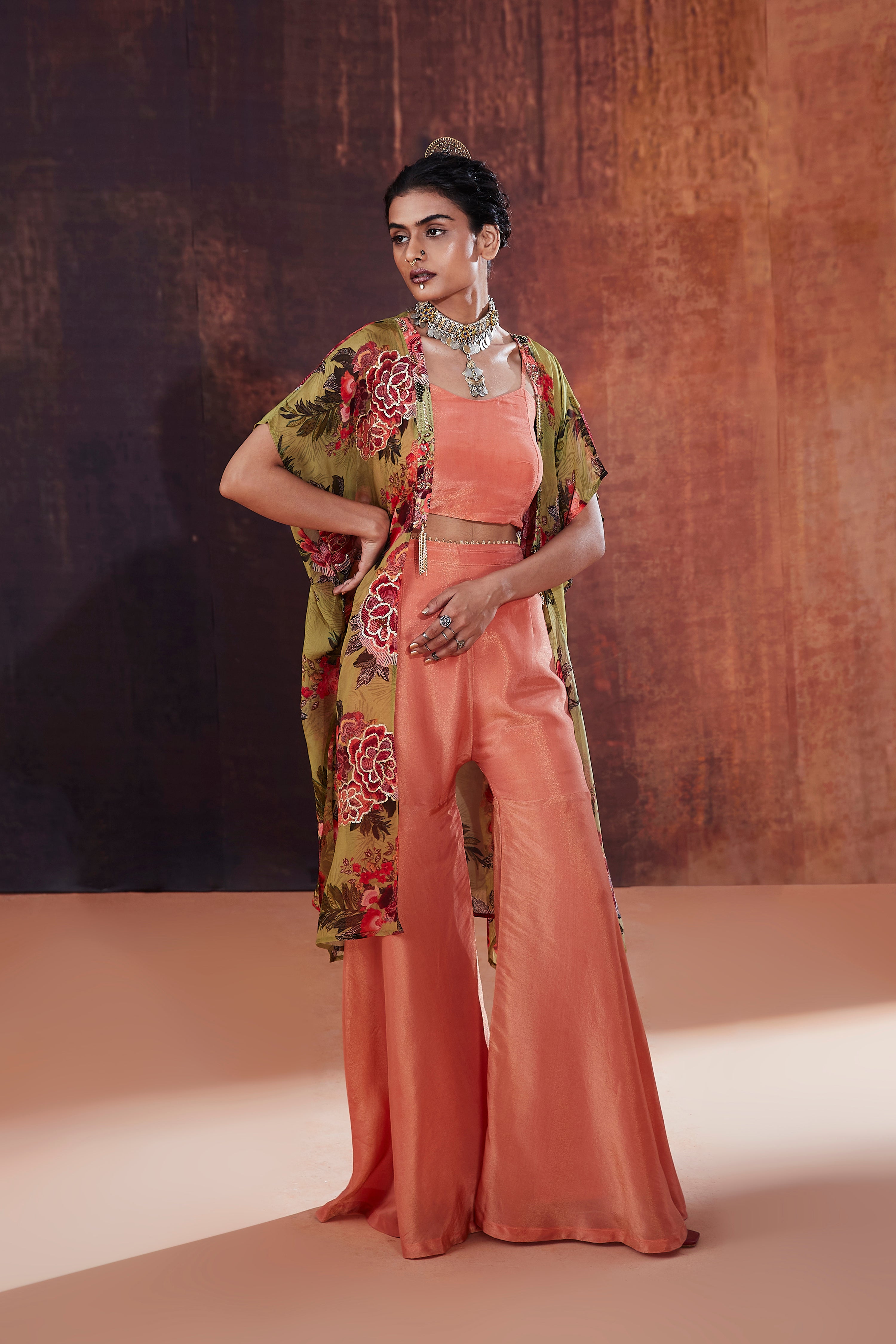 Coral Sharara Set With Jacket