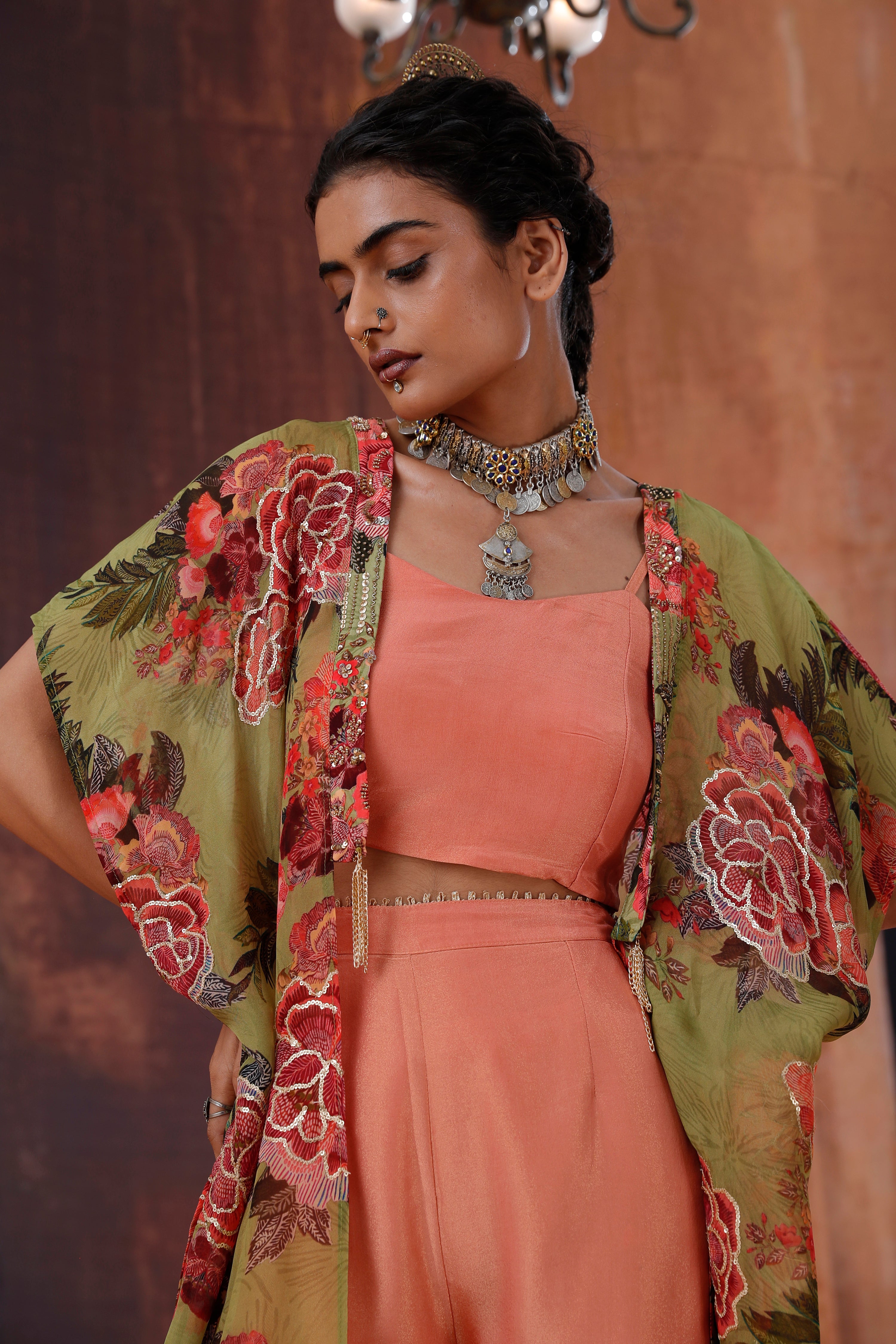 Coral Sharara Set With Jacket