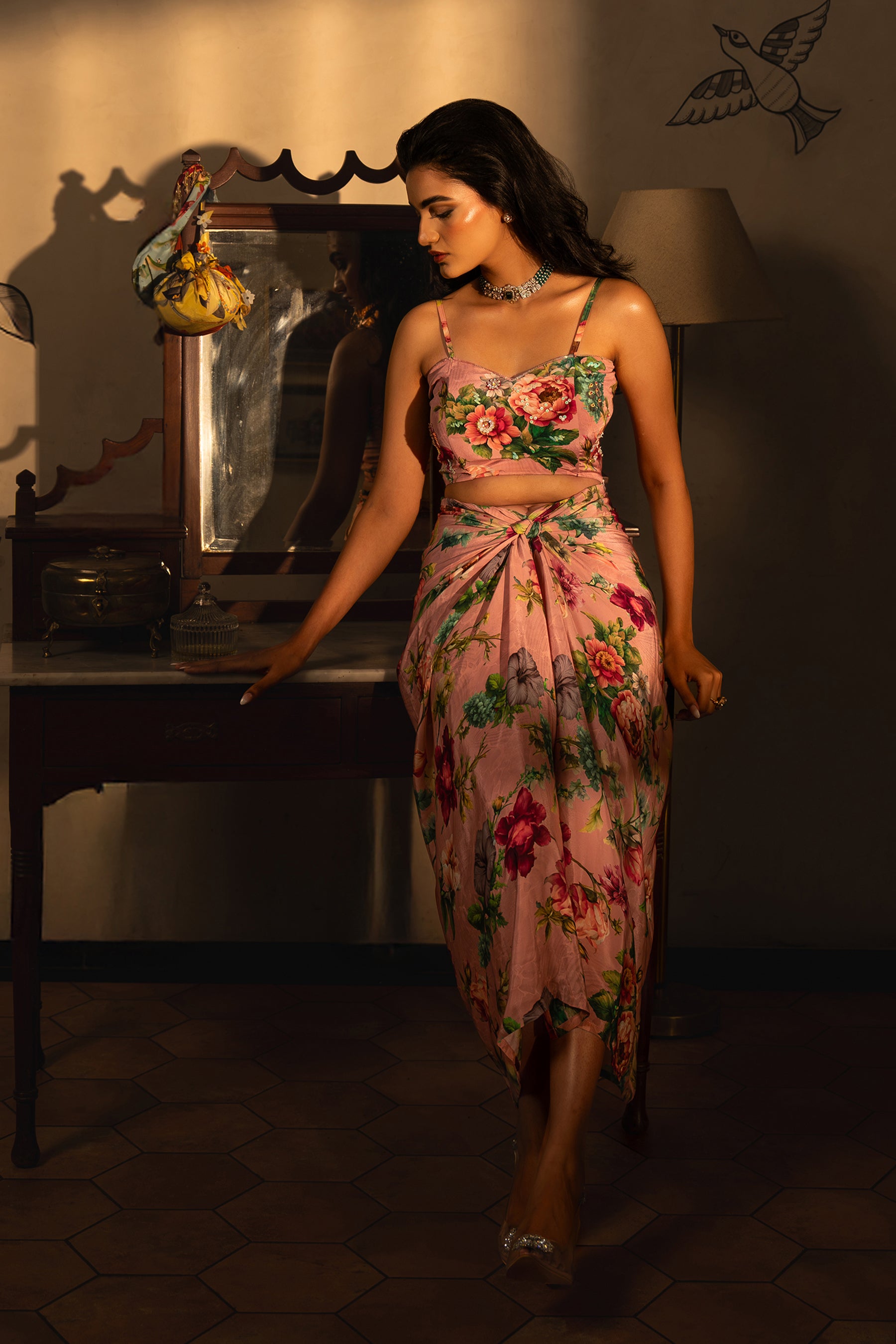 Dusty Rose Wrapped Skirt With Bustier