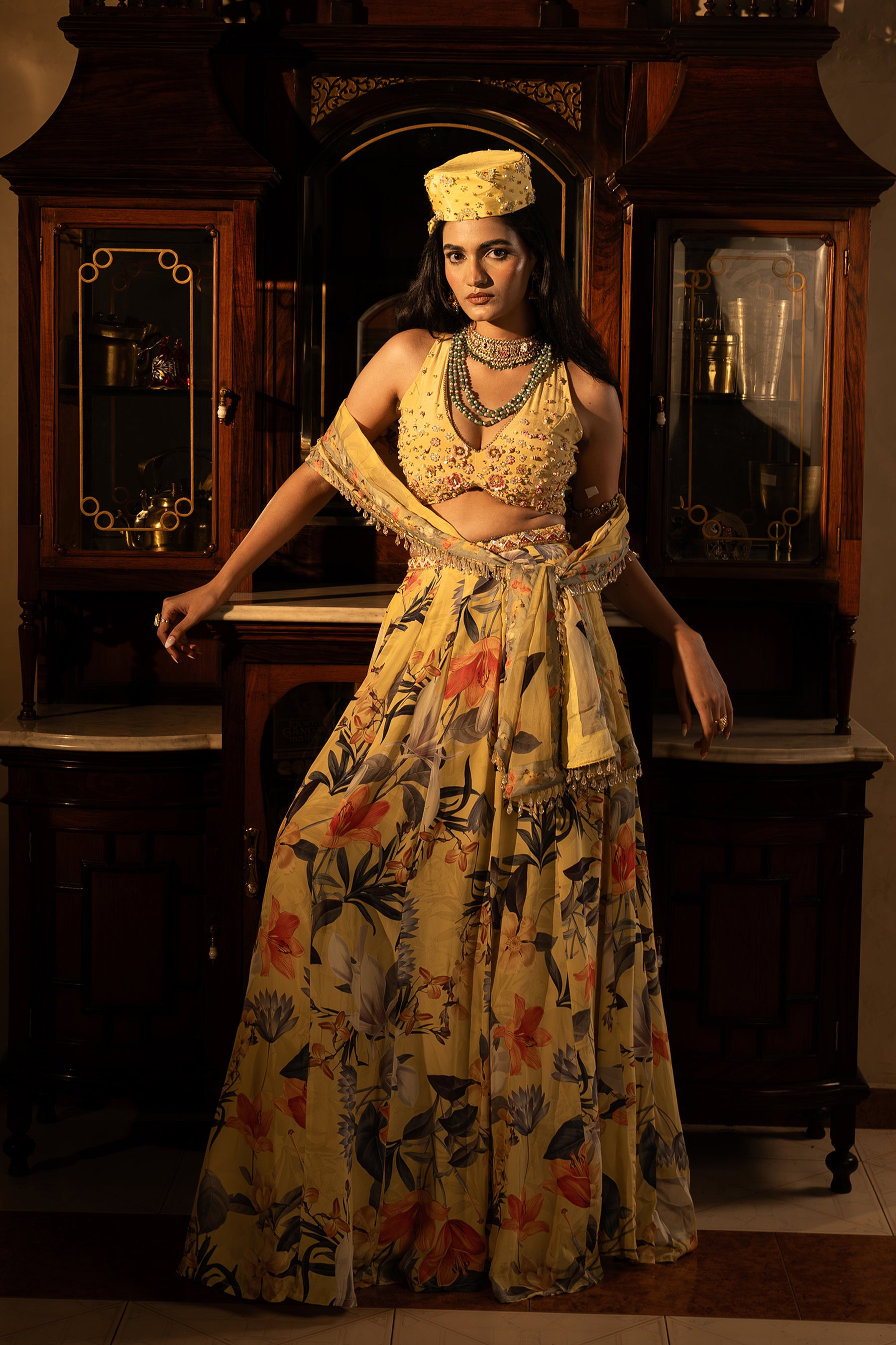 Misted Yellow Paneled Lehenga Set