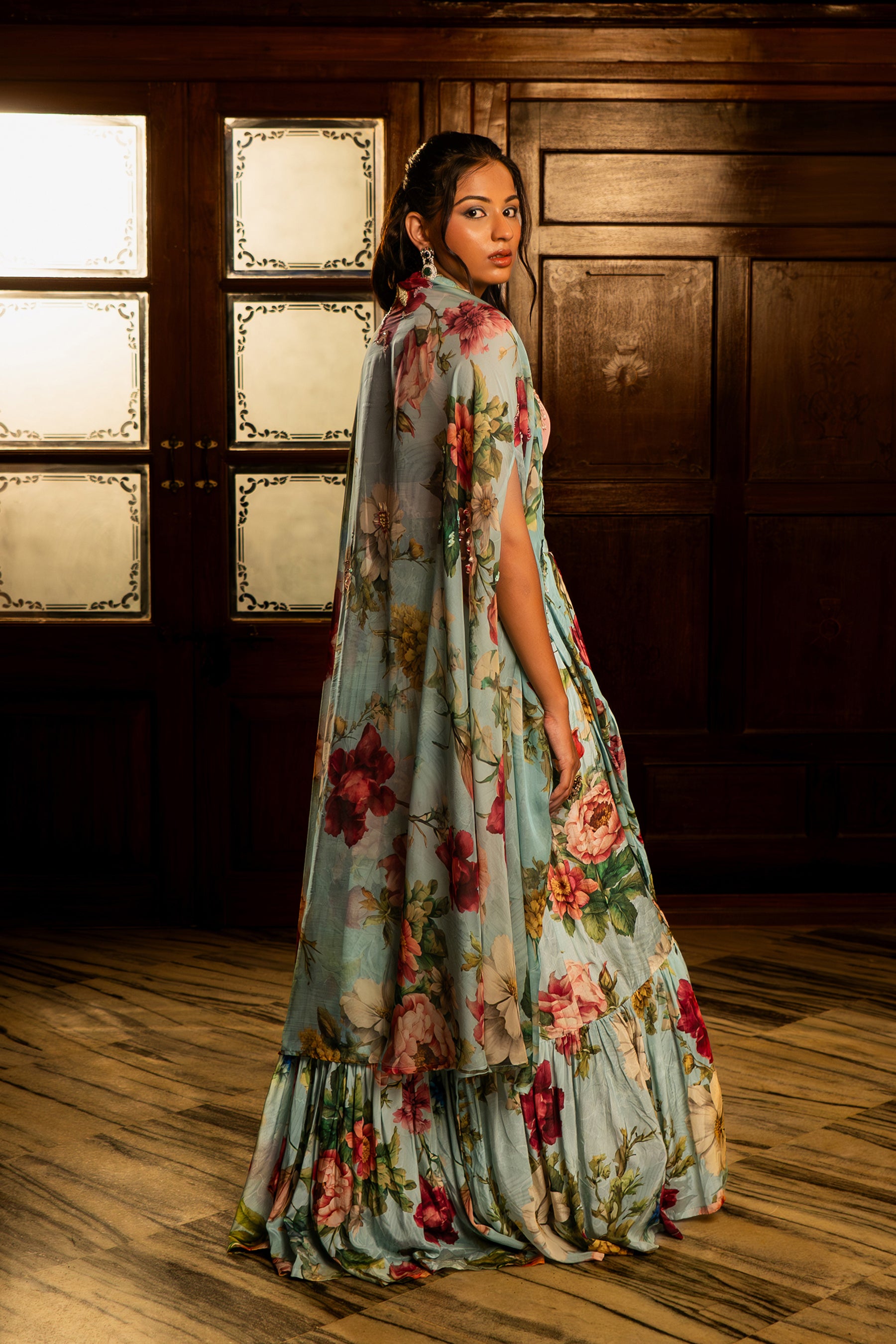 Powder Blue Gathered Lehenga & Jacket Set