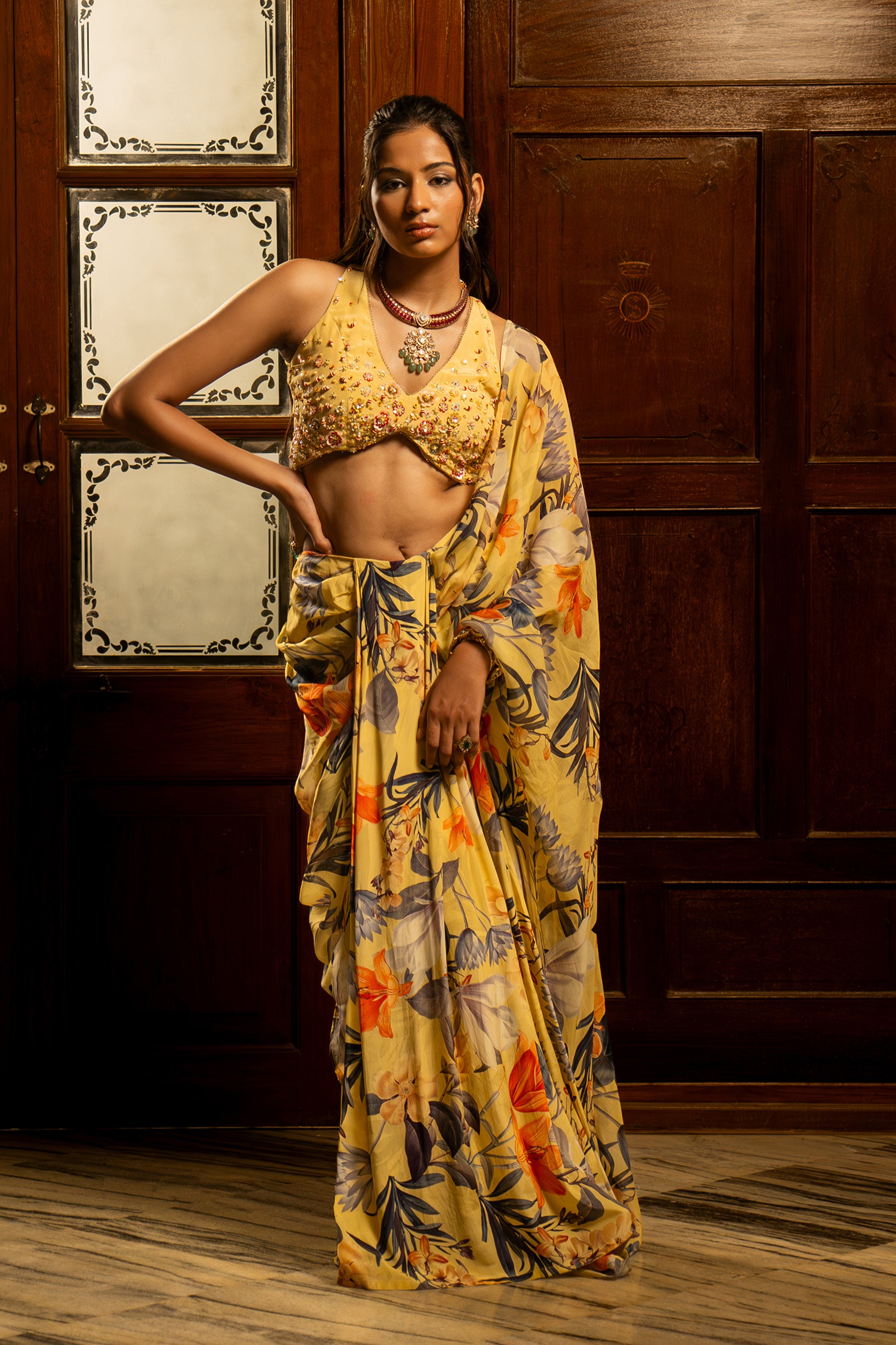 Misted Yellow Pre-drape Saree