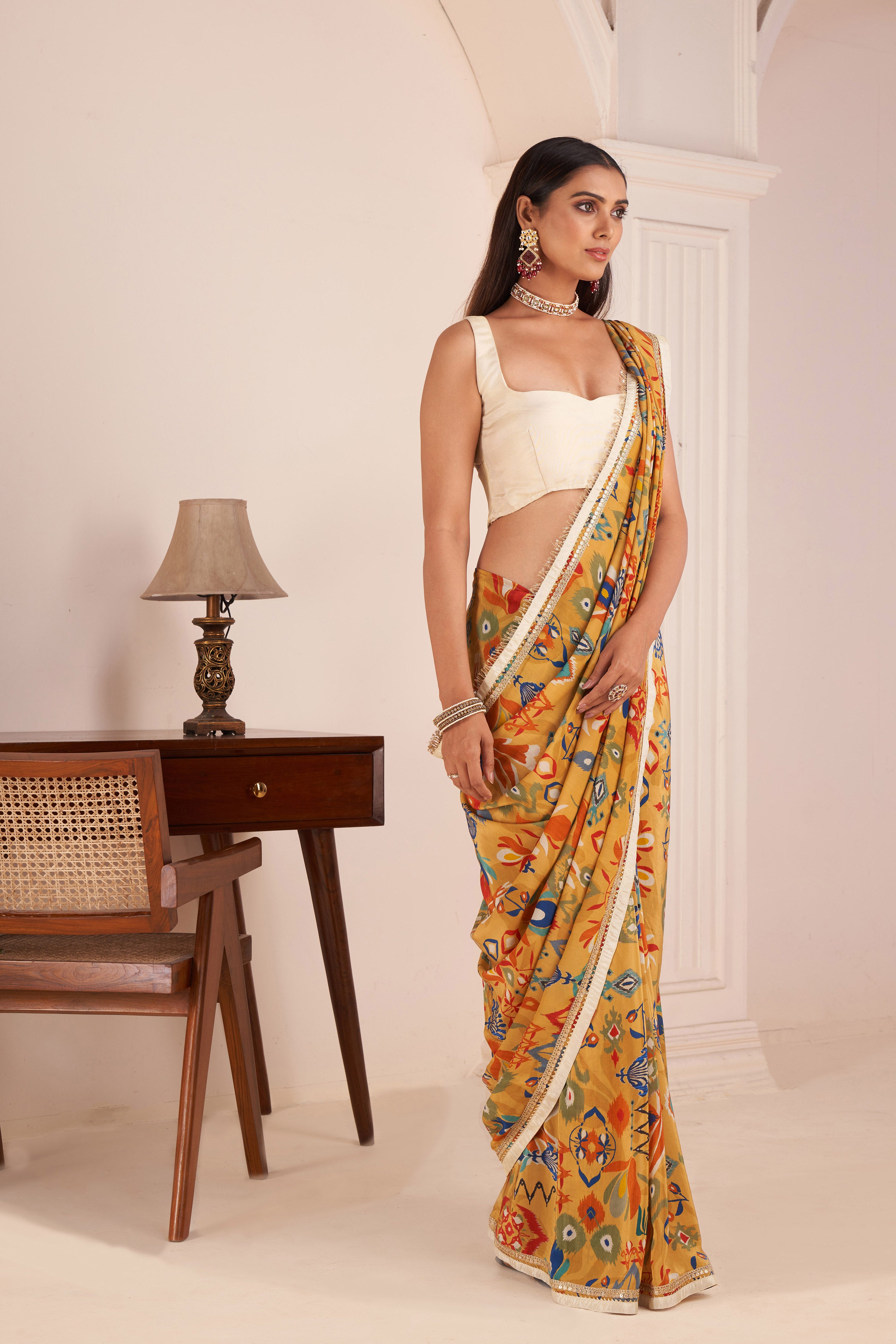Mustard Yellow Printed Saree