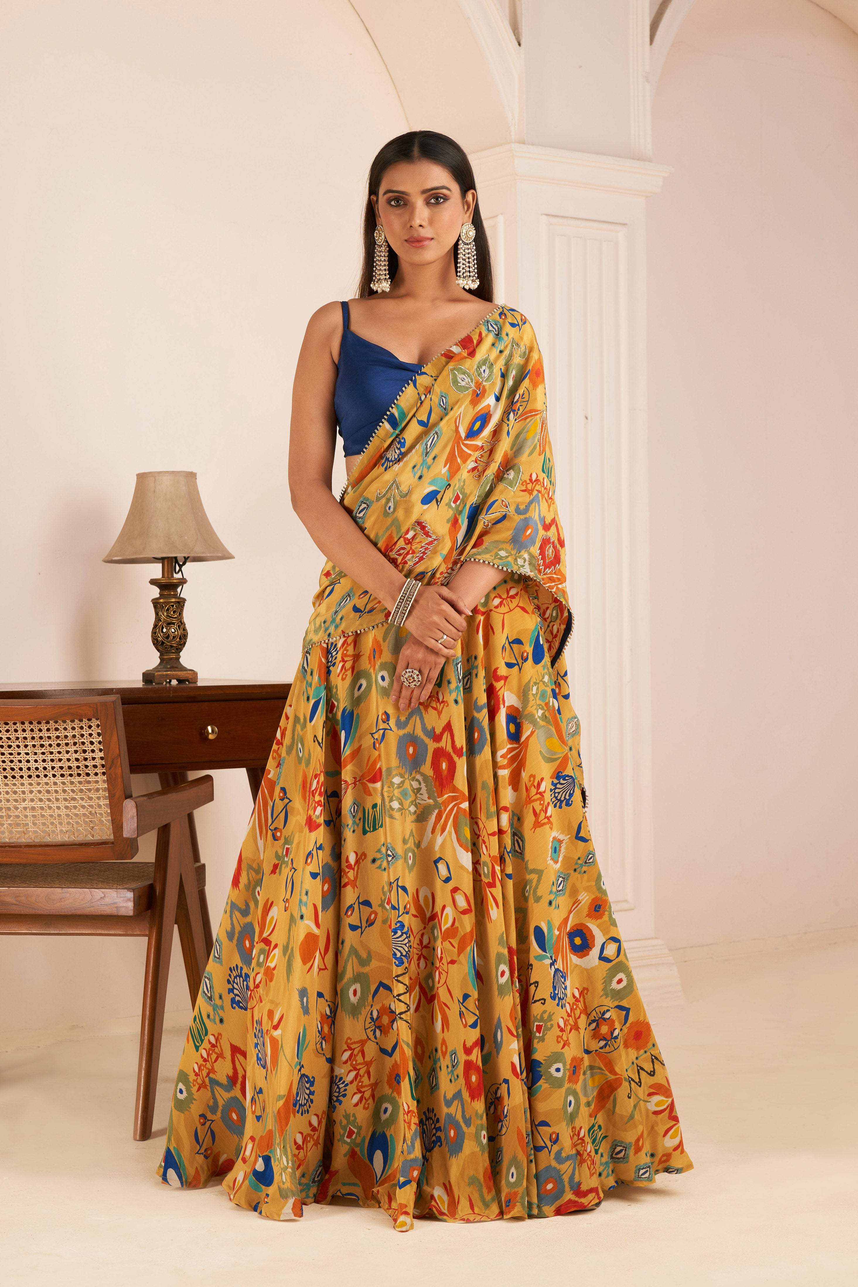 Mustard Yellow Printed Lehenga Saree With Cowl Neck Top
