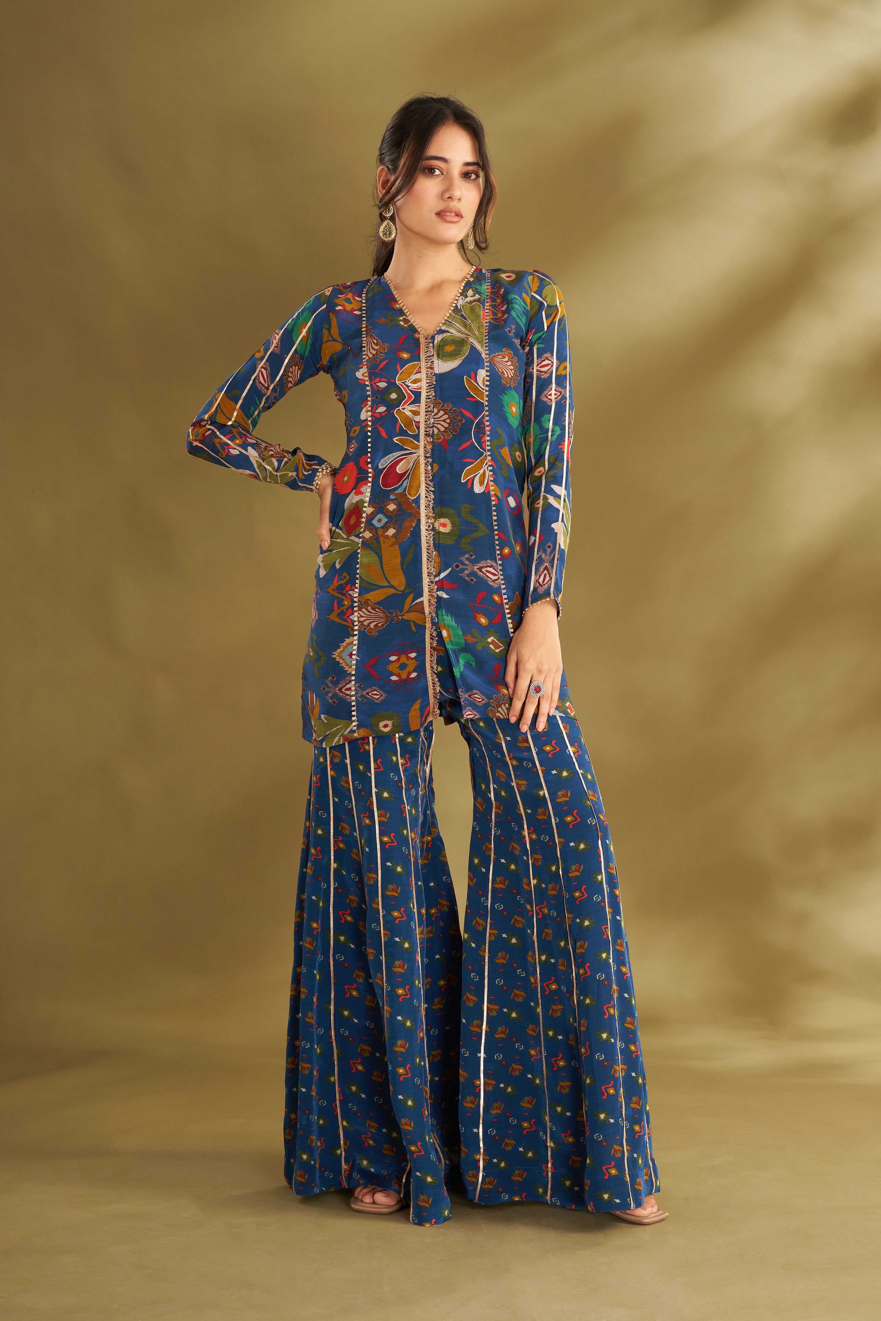 Royal Blue Ikkat Print Sharara Set