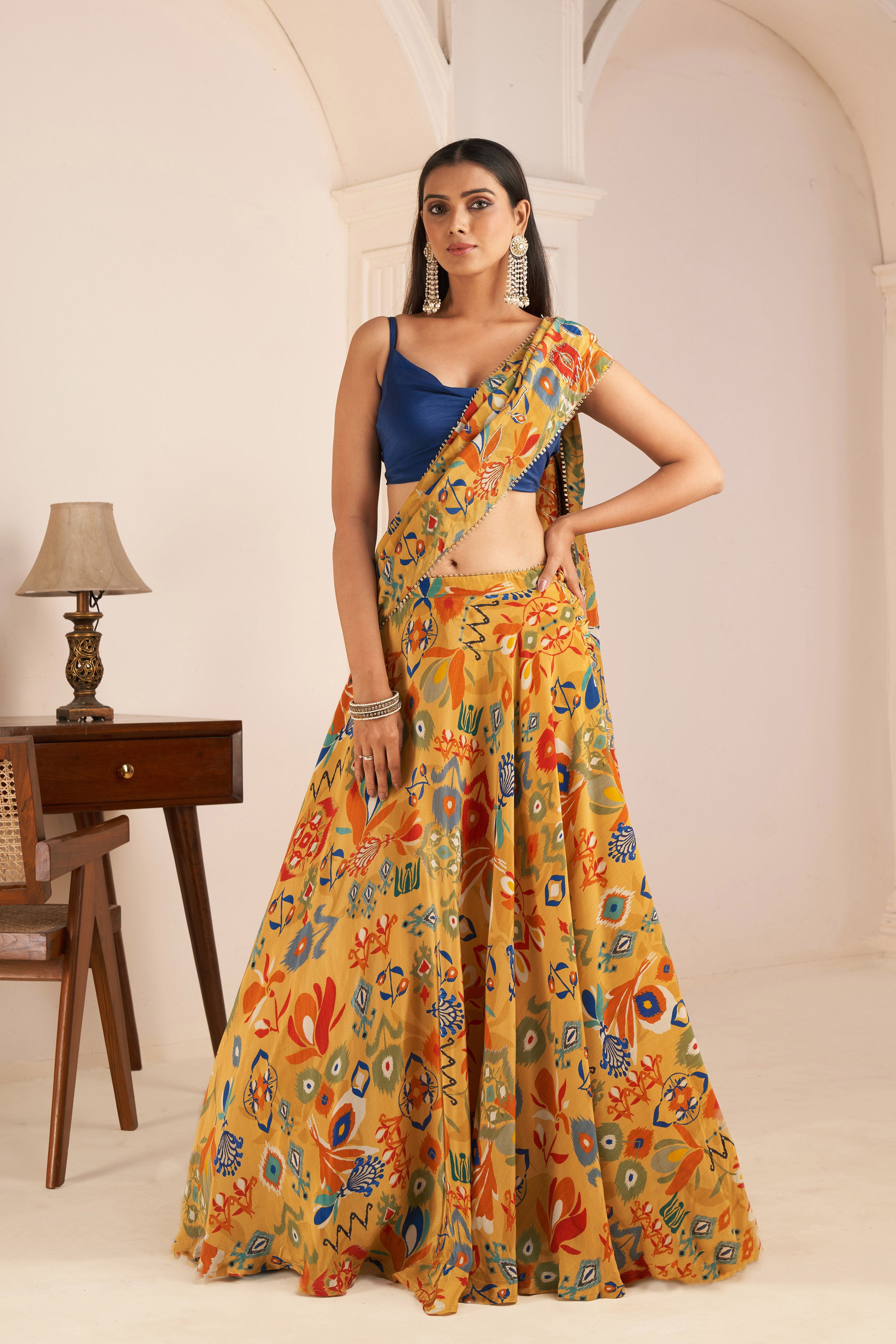 Mustard Yellow Printed Lehenga Saree With Cowl Neck Top