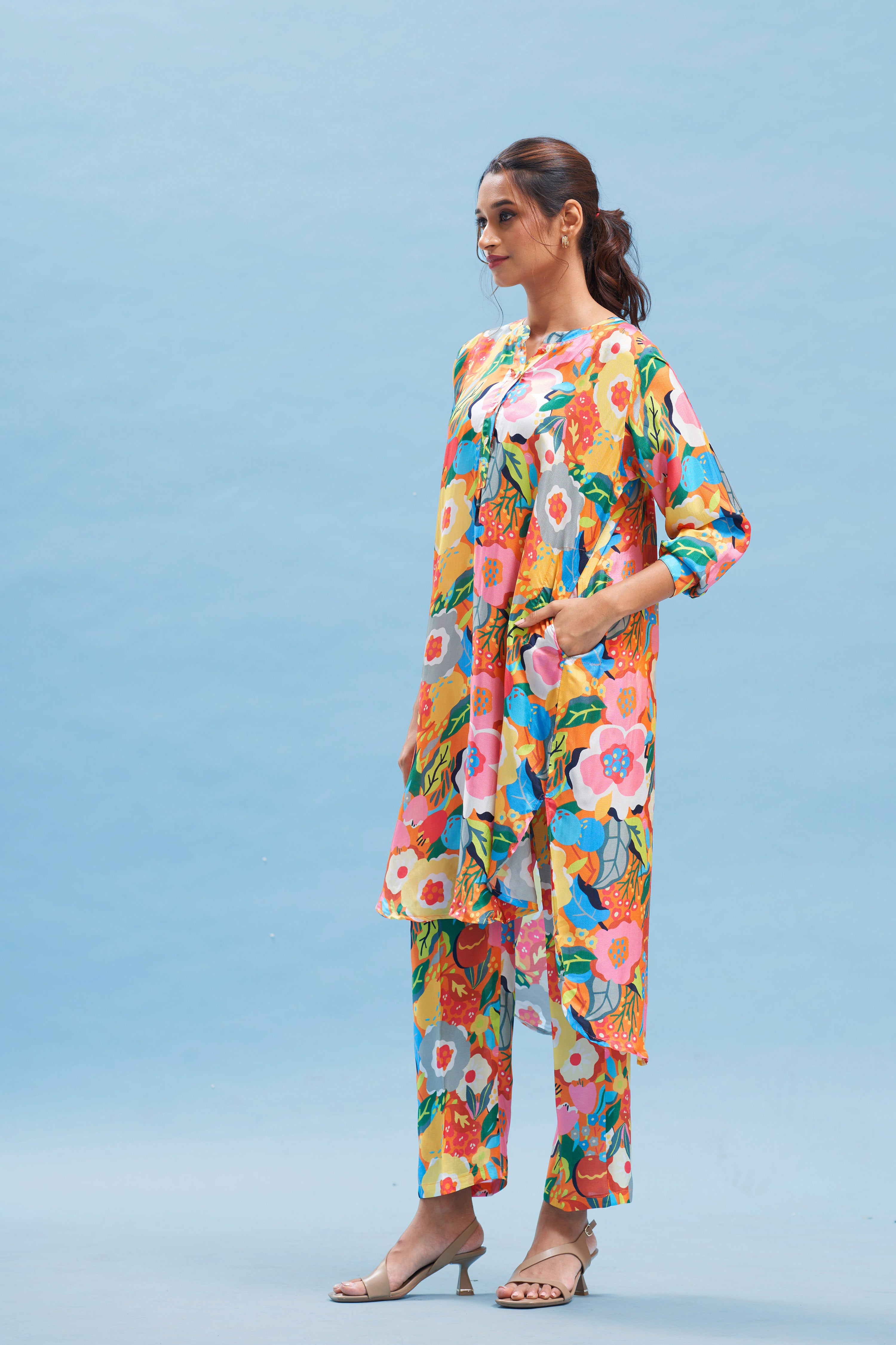 Orange floral print kurta set