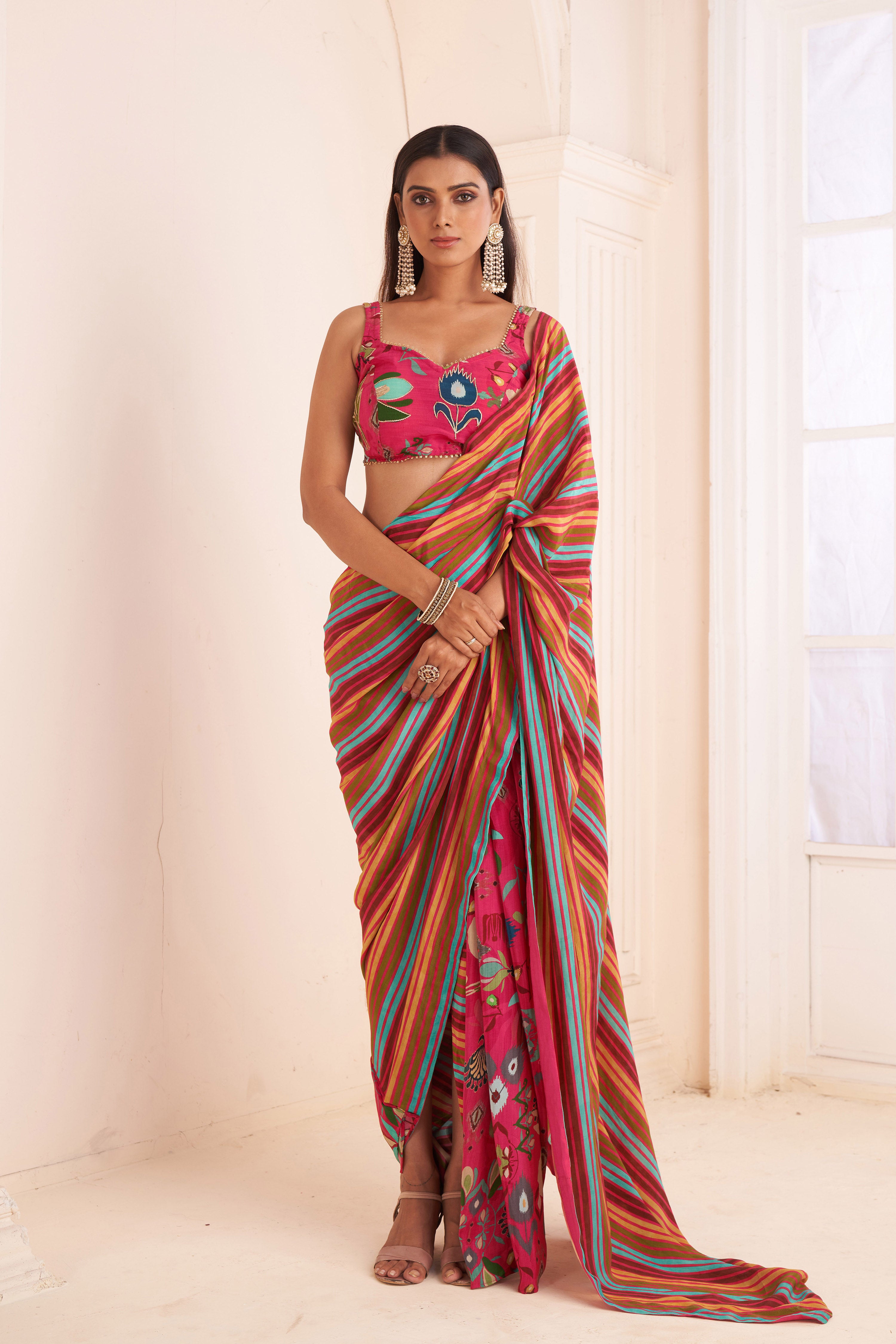 Pink Striped Pre Drape Saree With Embroidered Bustier
