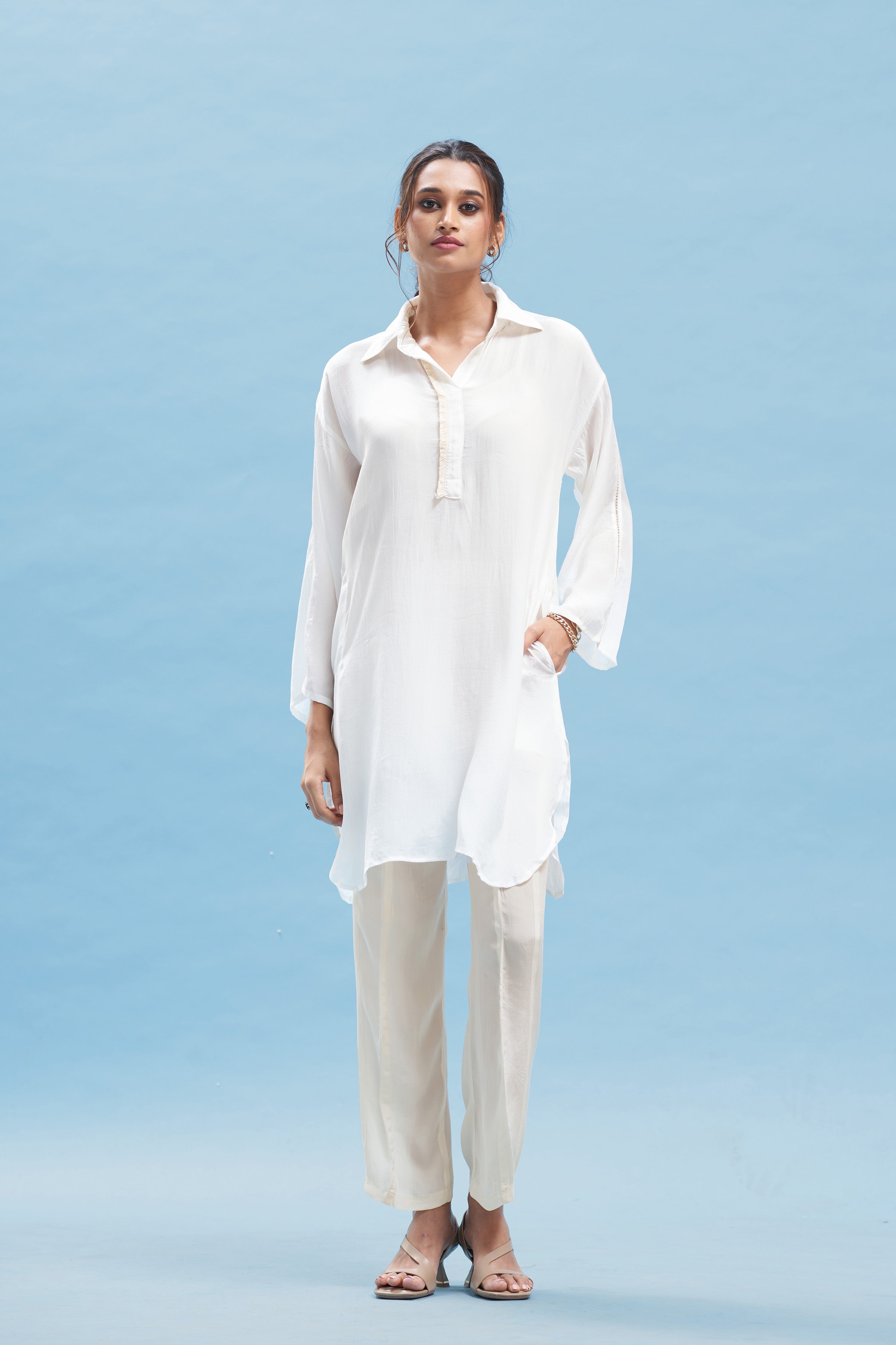 White kimono Shirt And Beige Pant Set