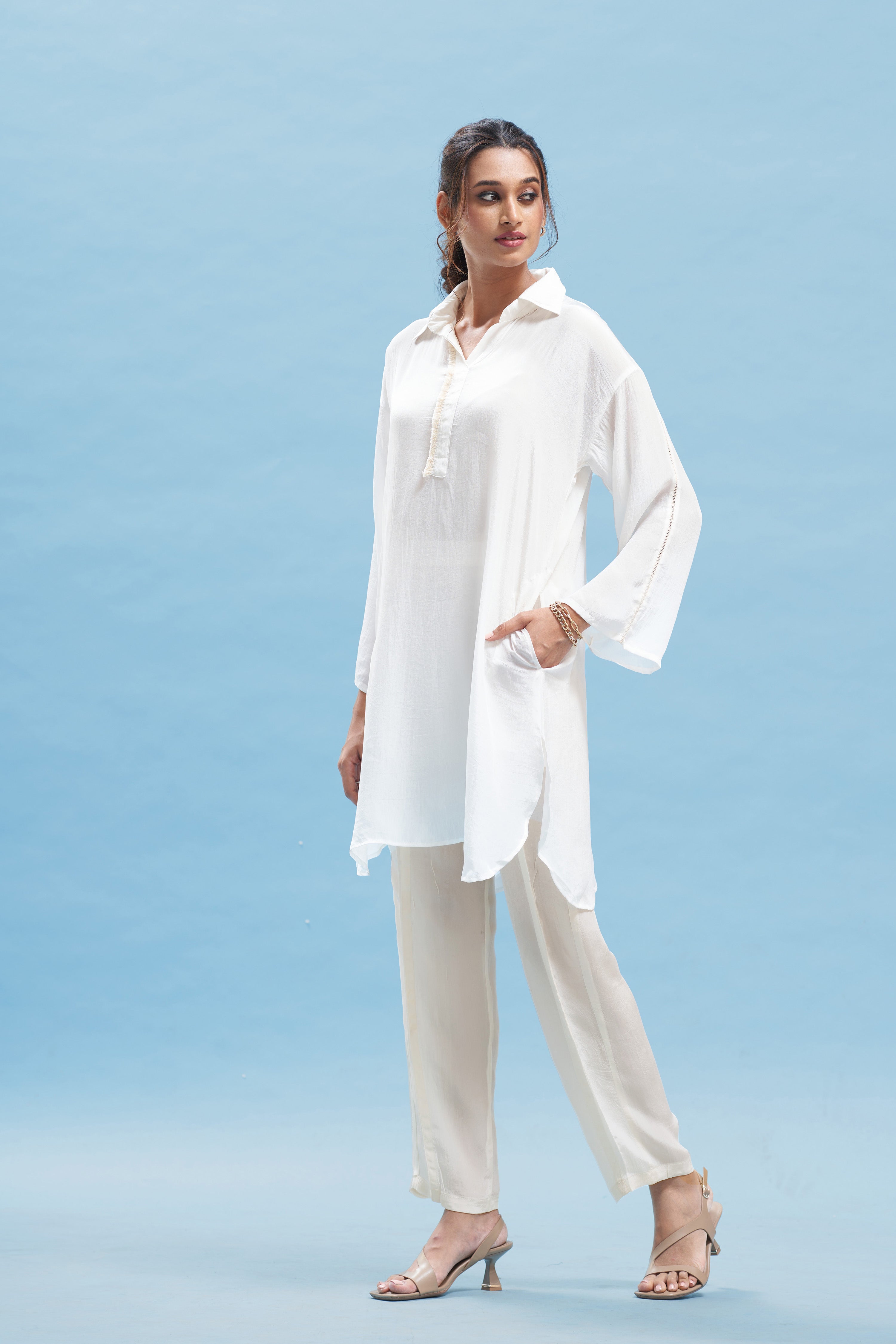 White kimono Shirt And Beige Pant Set