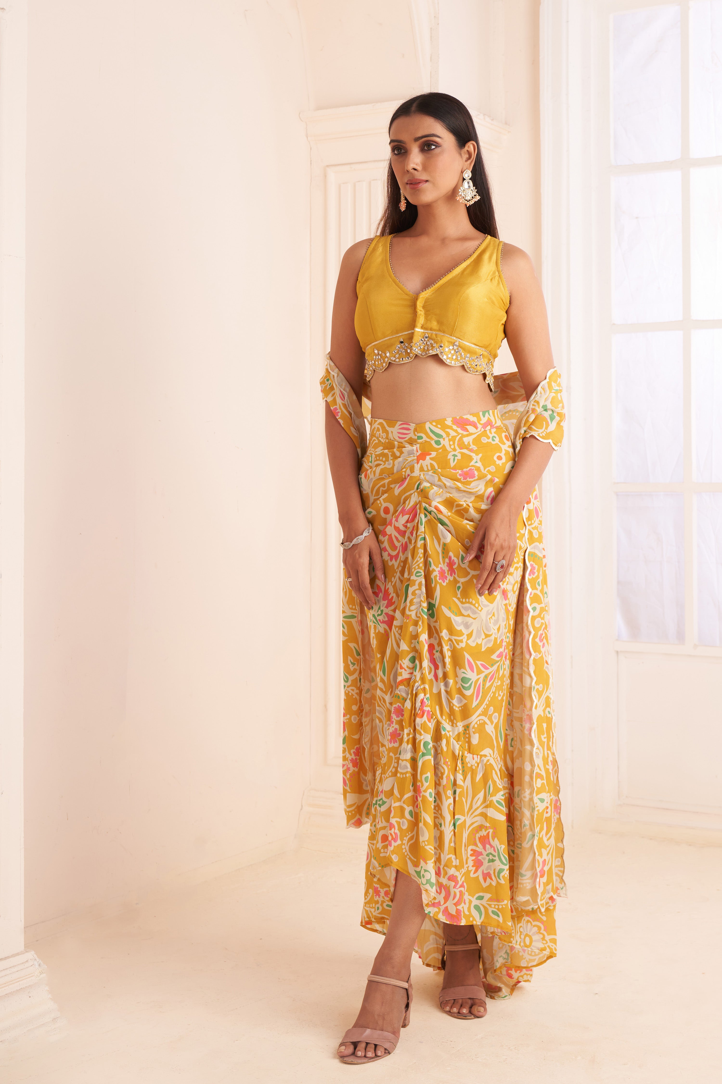 Mustard Yellow printed & embroidered skirt set