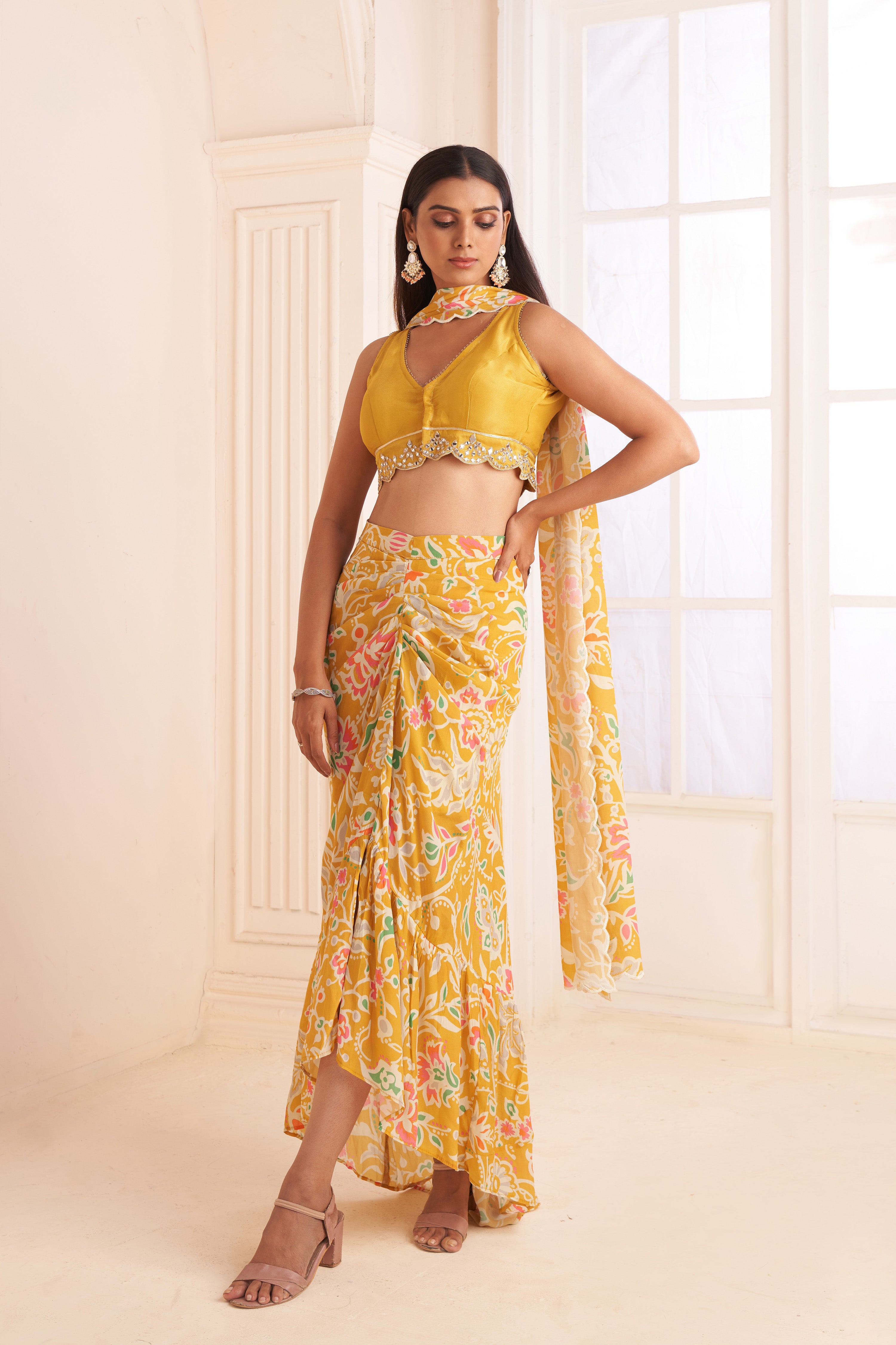 Mustard Yellow printed & embroidered skirt set