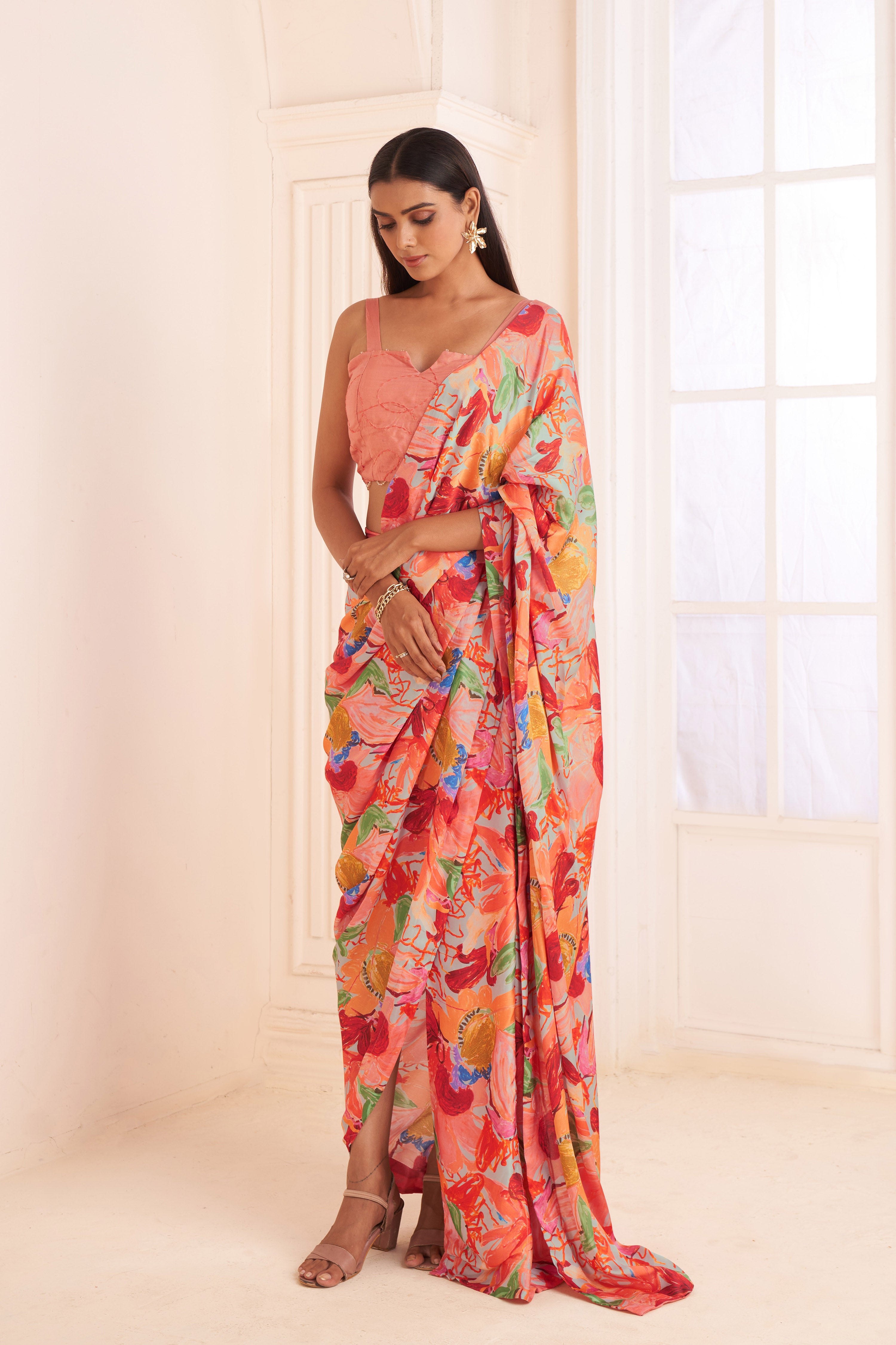 Blush pink abstract print pre-draped saree set