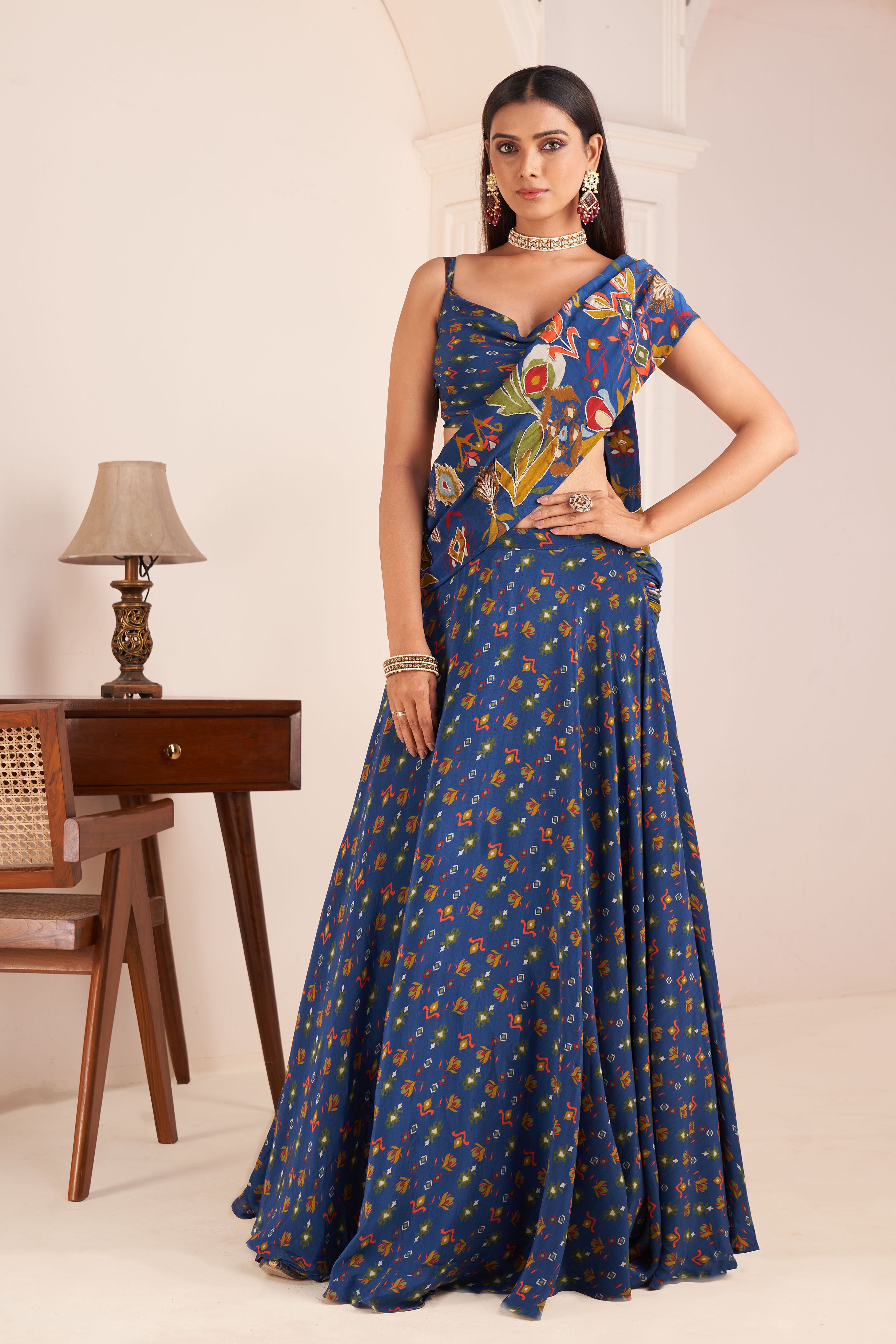 Royal Blue Embroidered & Printed Lehenga Saree Set