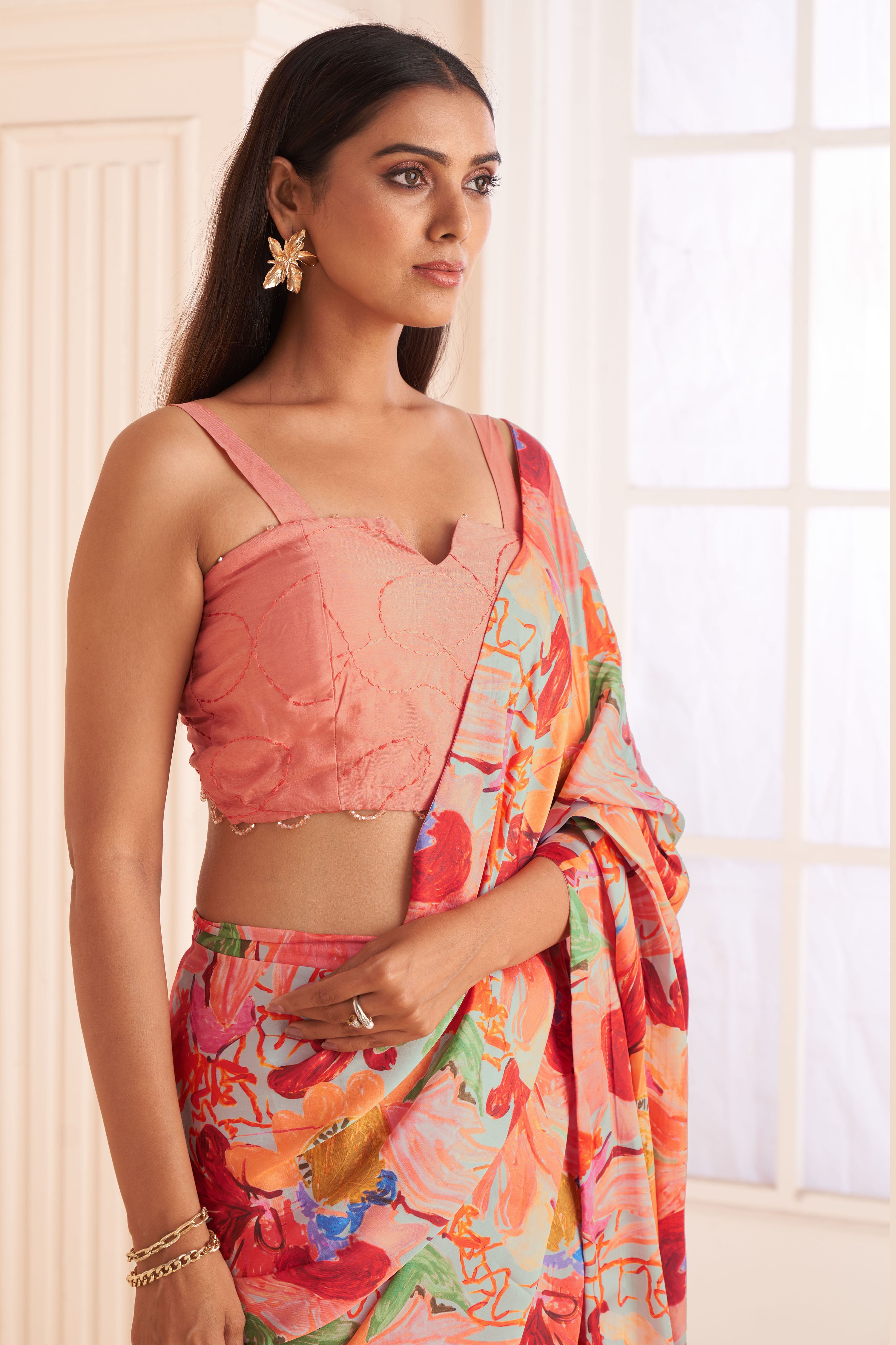 Blush pink abstract print pre-draped saree set