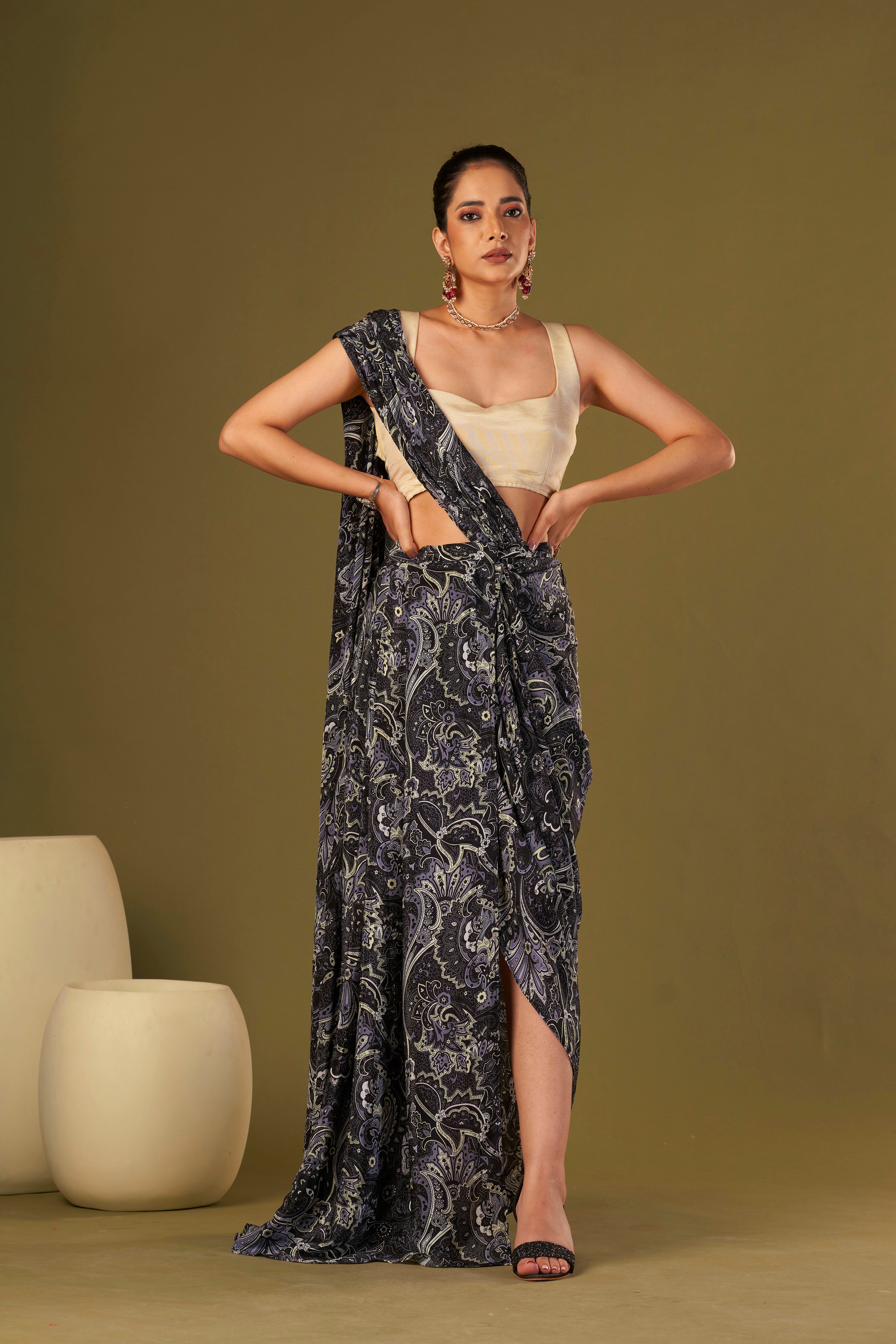 Tisya Black Paisley printed Pre Draped Saree