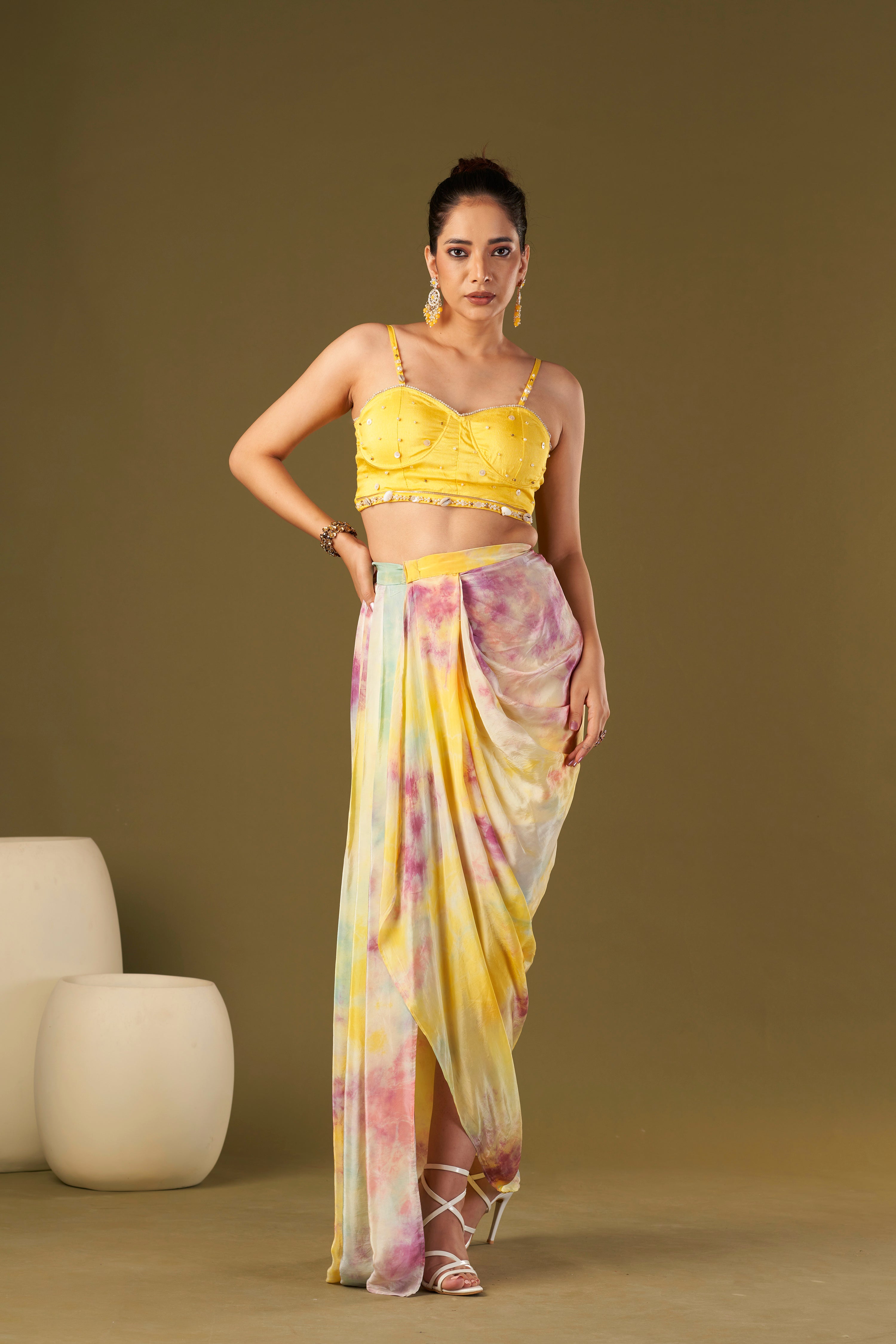 Tisya Multicolored Tie & Dyed Drape Skirt With Bustier