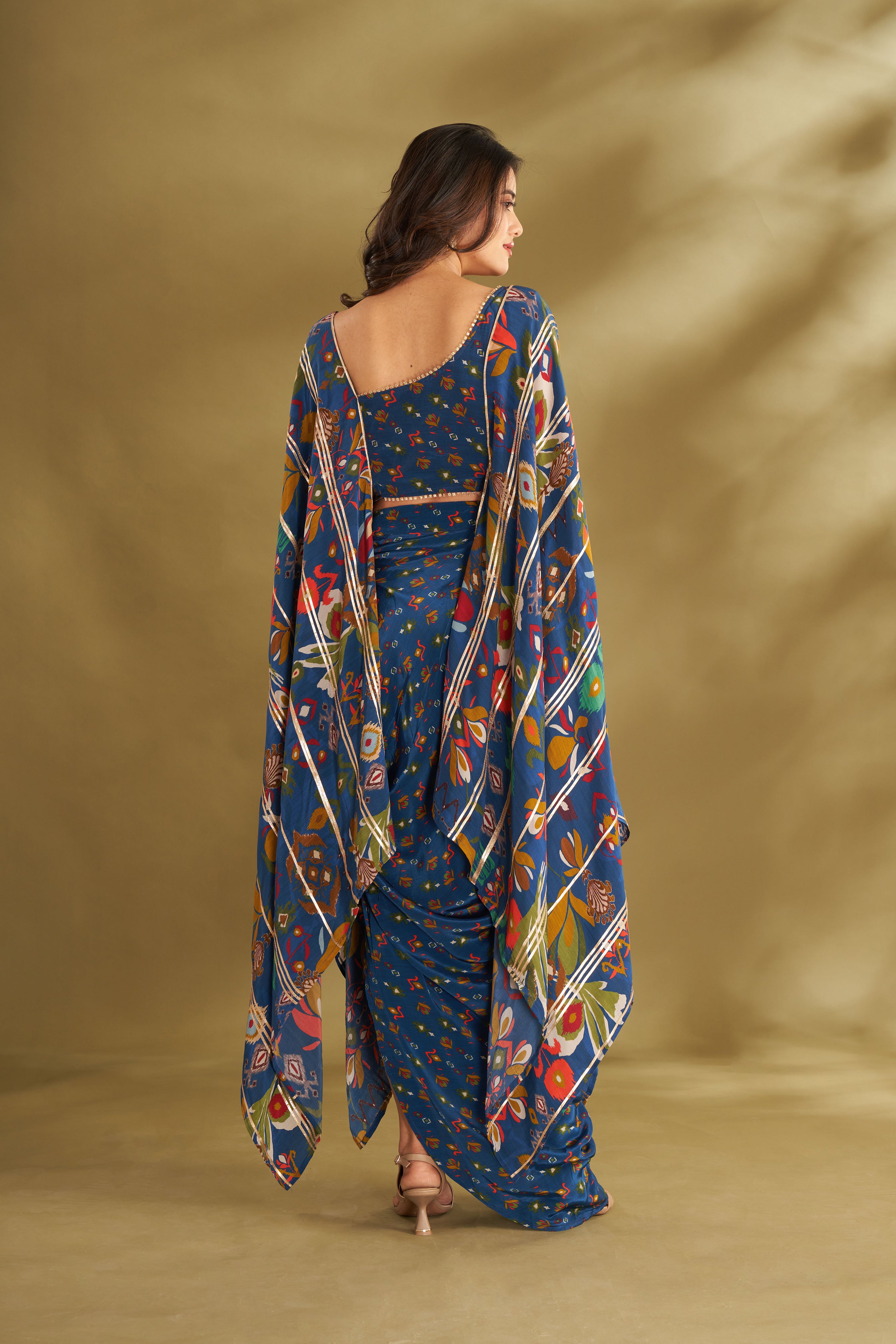 Blue Printed Drape Skirt With Cape Blouse