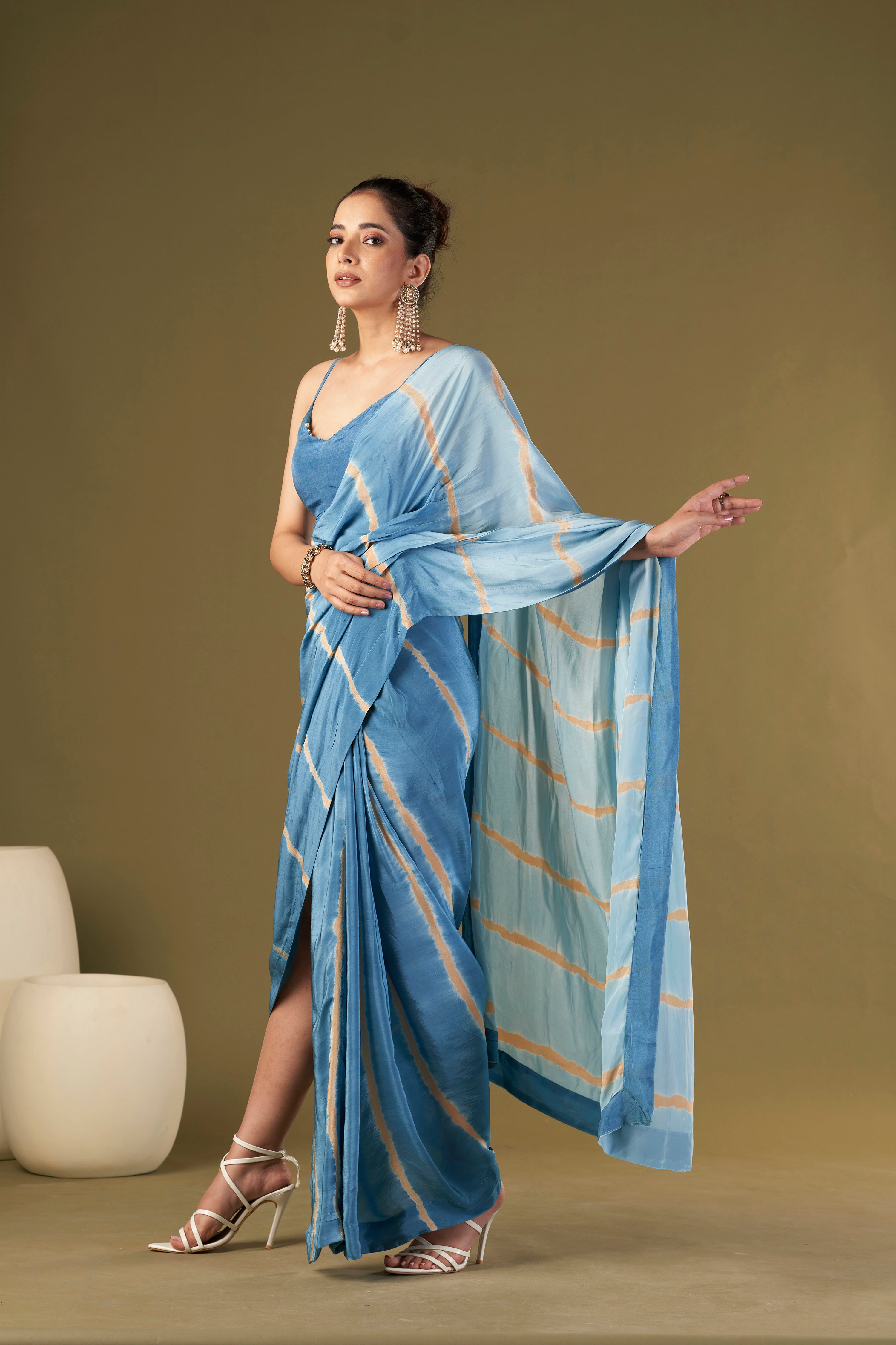 Tisya Ocean Blue Tie & Dye Pre Drape Saree aired With Butterfly Blouse