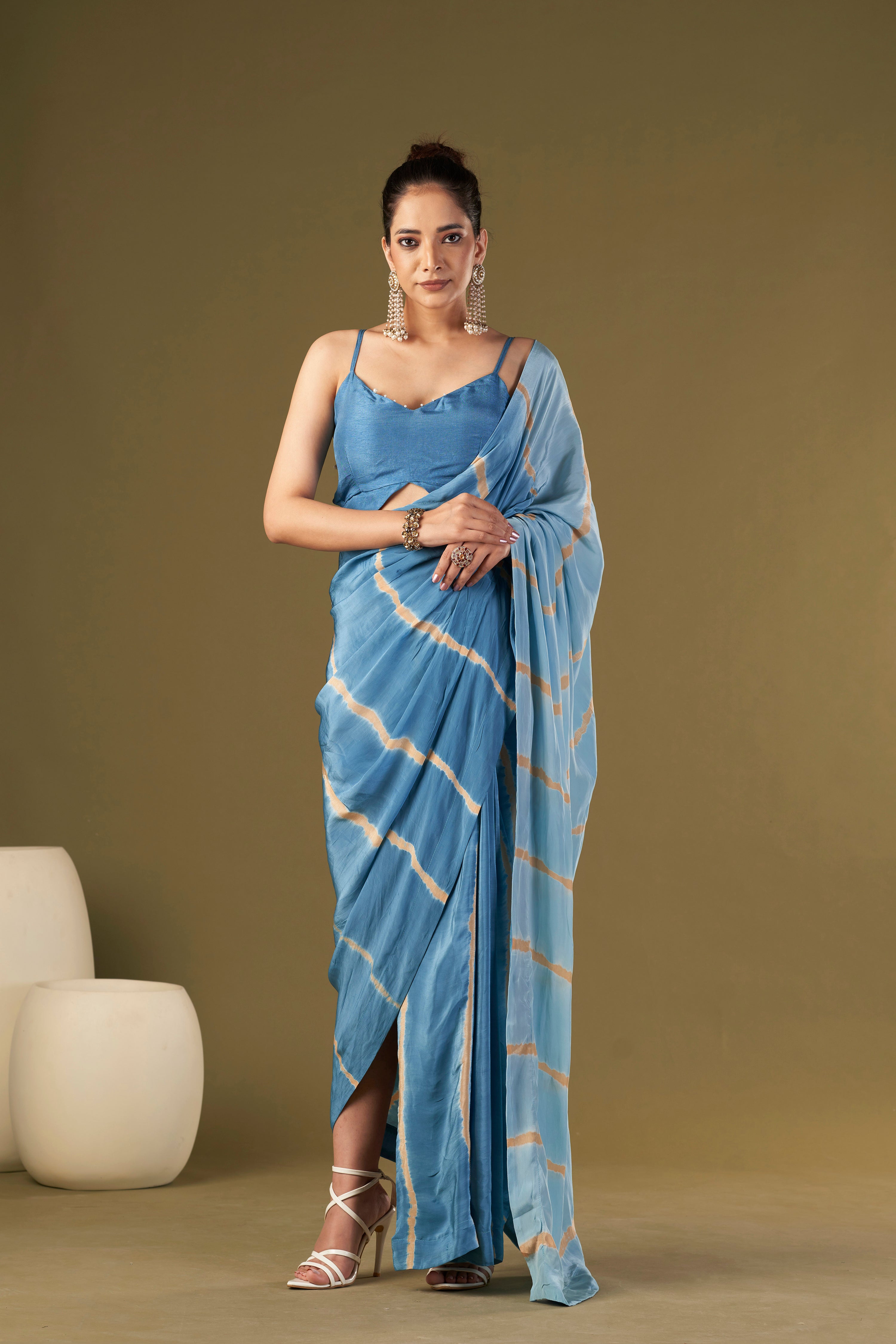 Tisya Ocean Blue Tie & Dye Pre Drape Saree aired With Butterfly Blouse