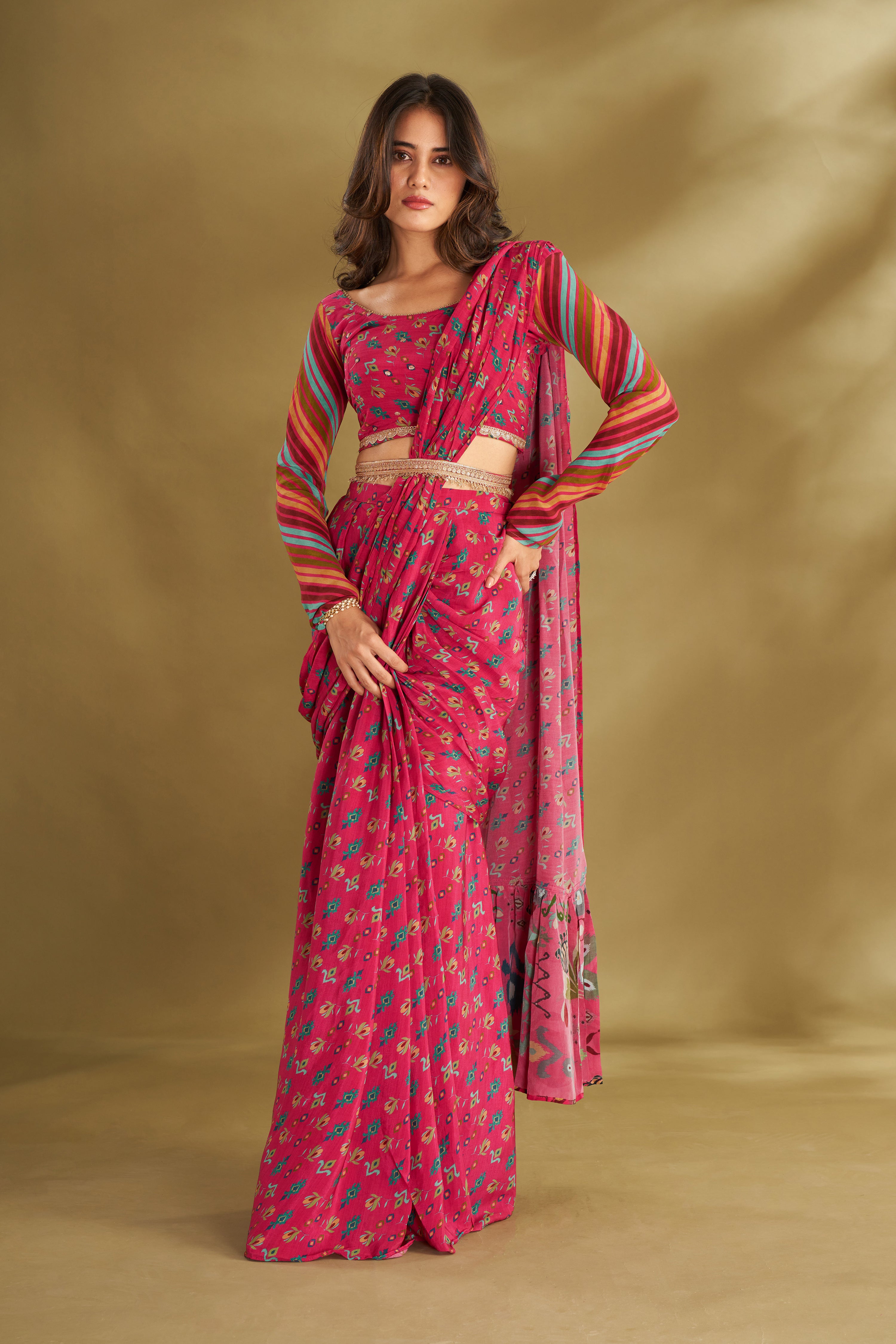 Hot Pink Printed & Embroidered Pre-drape Saree Set