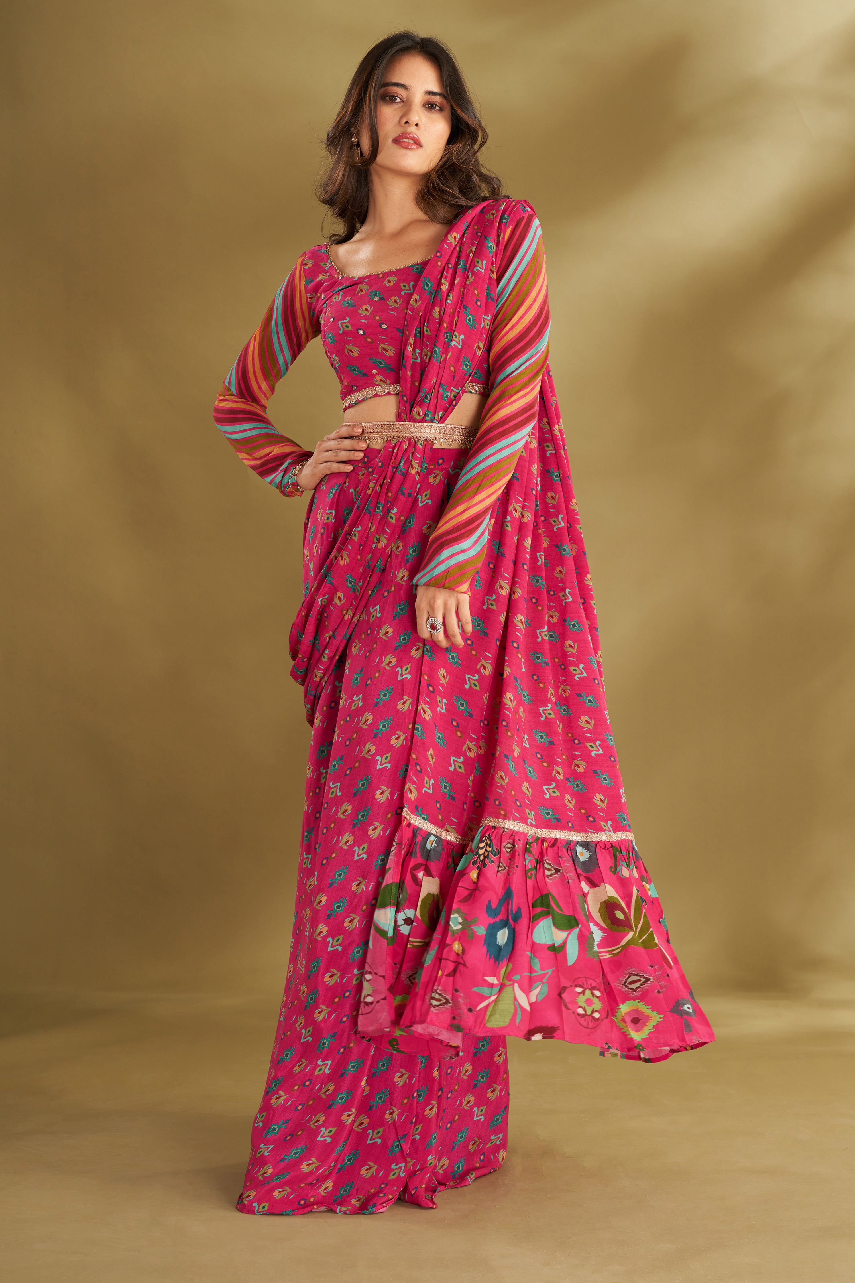 Hot Pink Printed & Embroidered Pre-drape Saree Set
