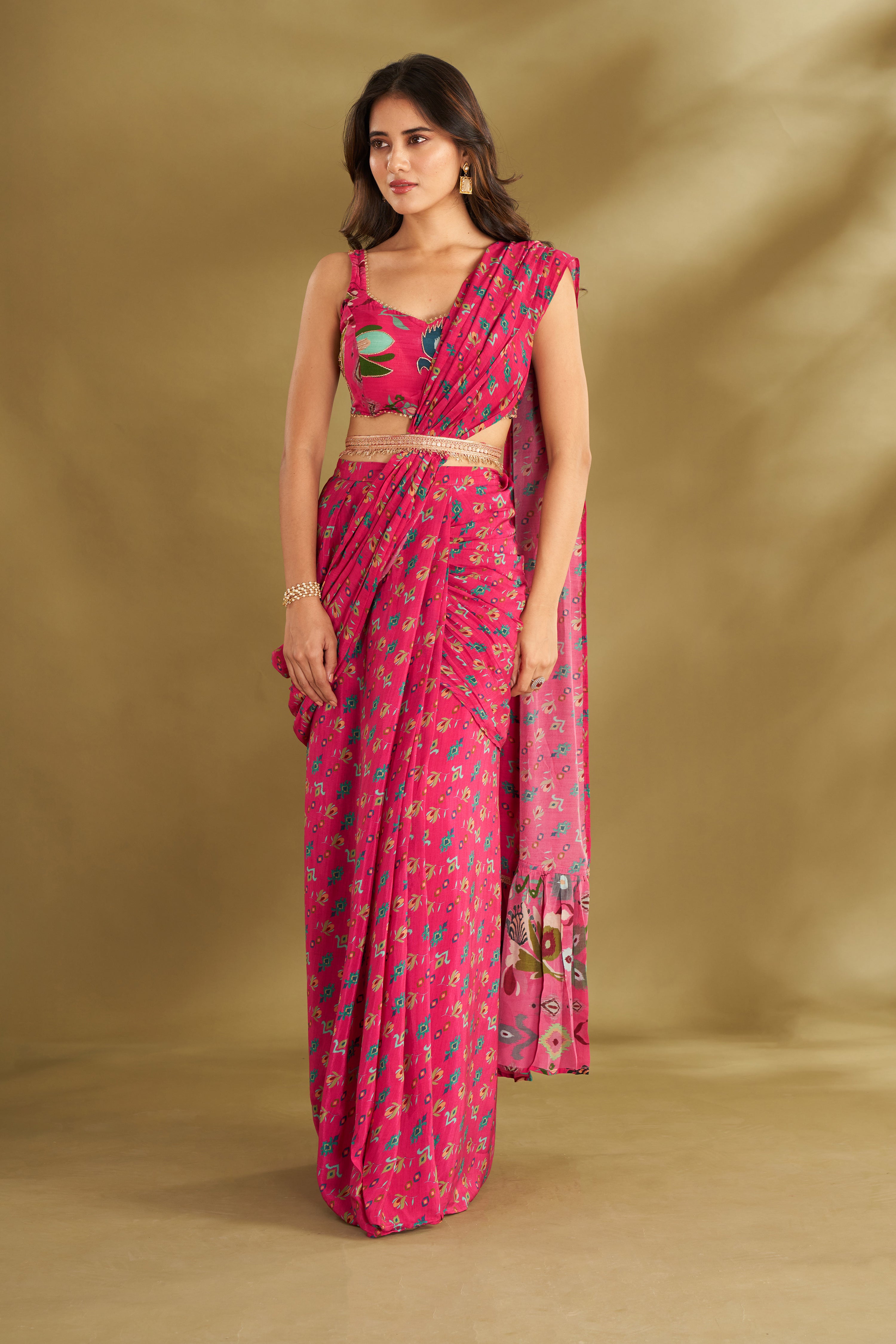 Hot Pink Printed & Embroidered Pre-drape Saree Set