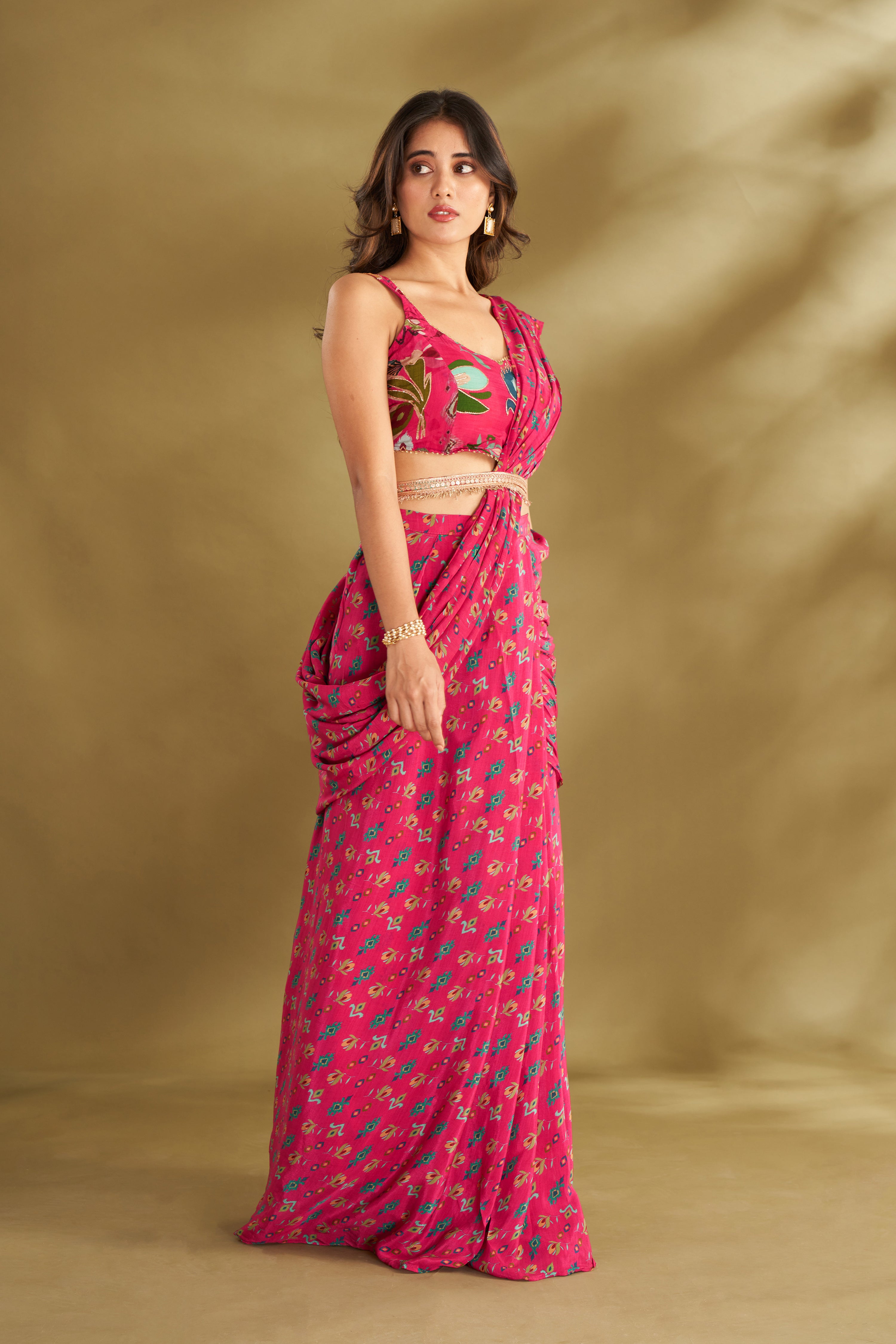 Hot Pink Printed & Embroidered Pre-drape Saree Set