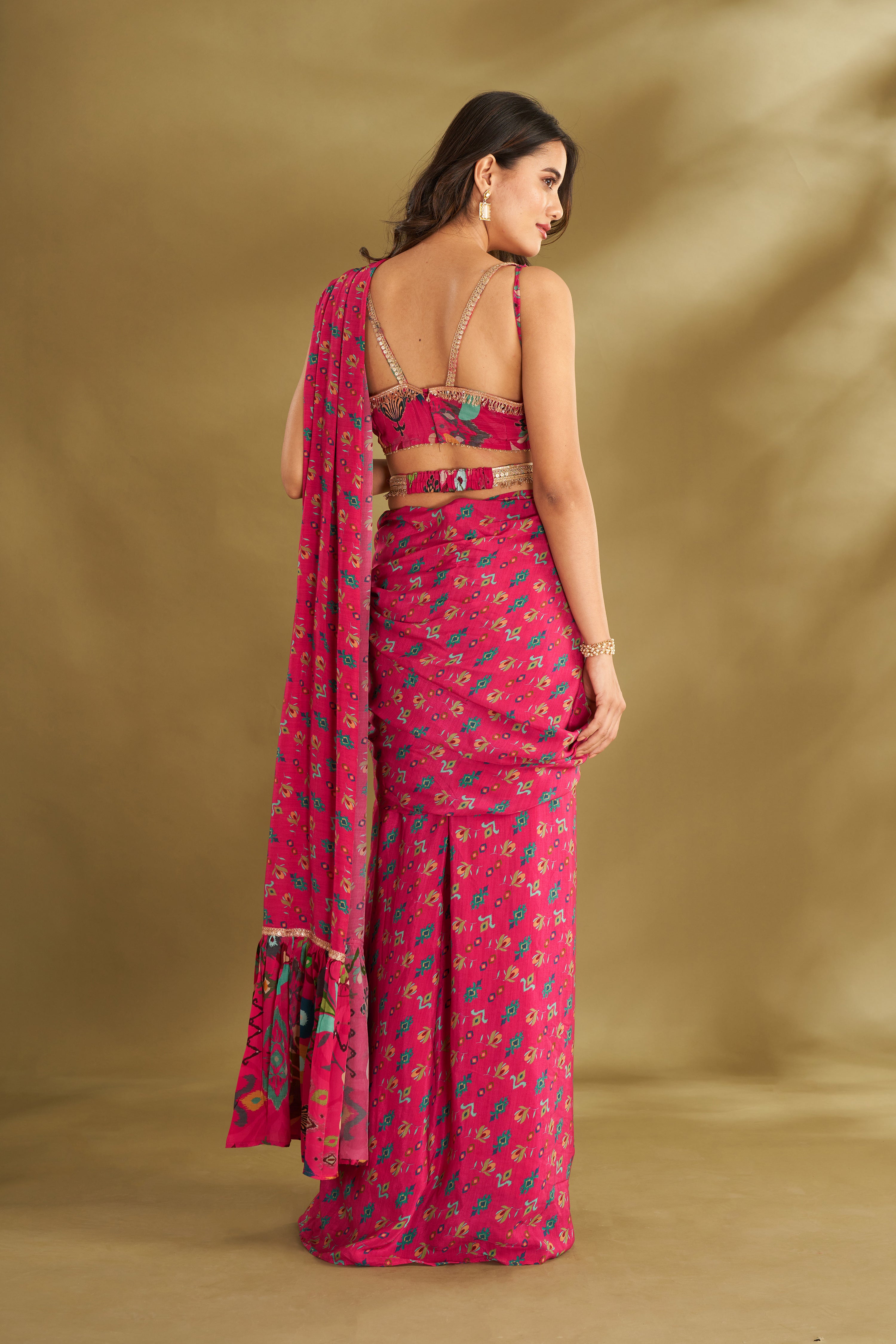 Hot Pink Printed & Embroidered Pre-drape Saree Set