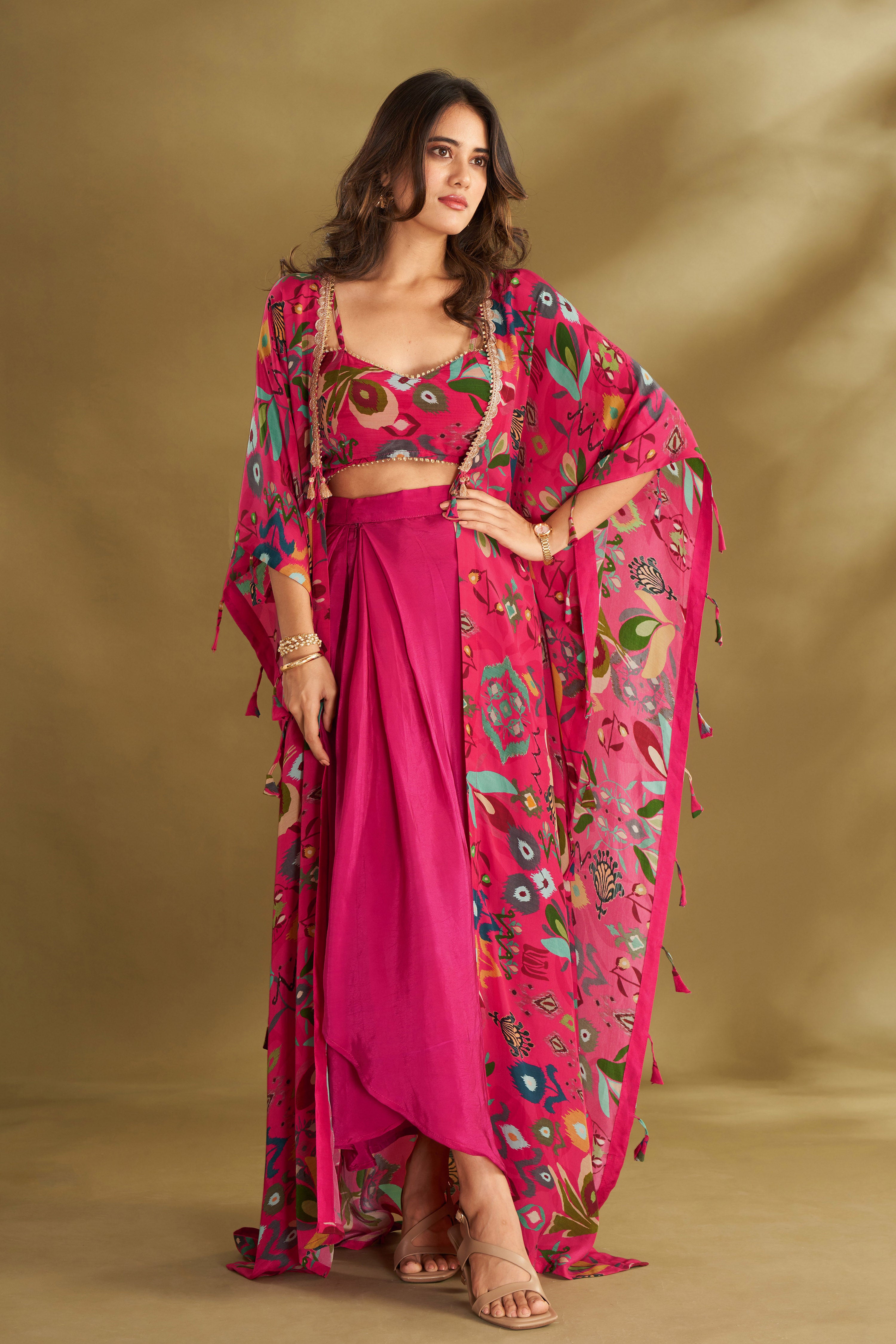 Hot Pink Drape Skirt & Cape Set