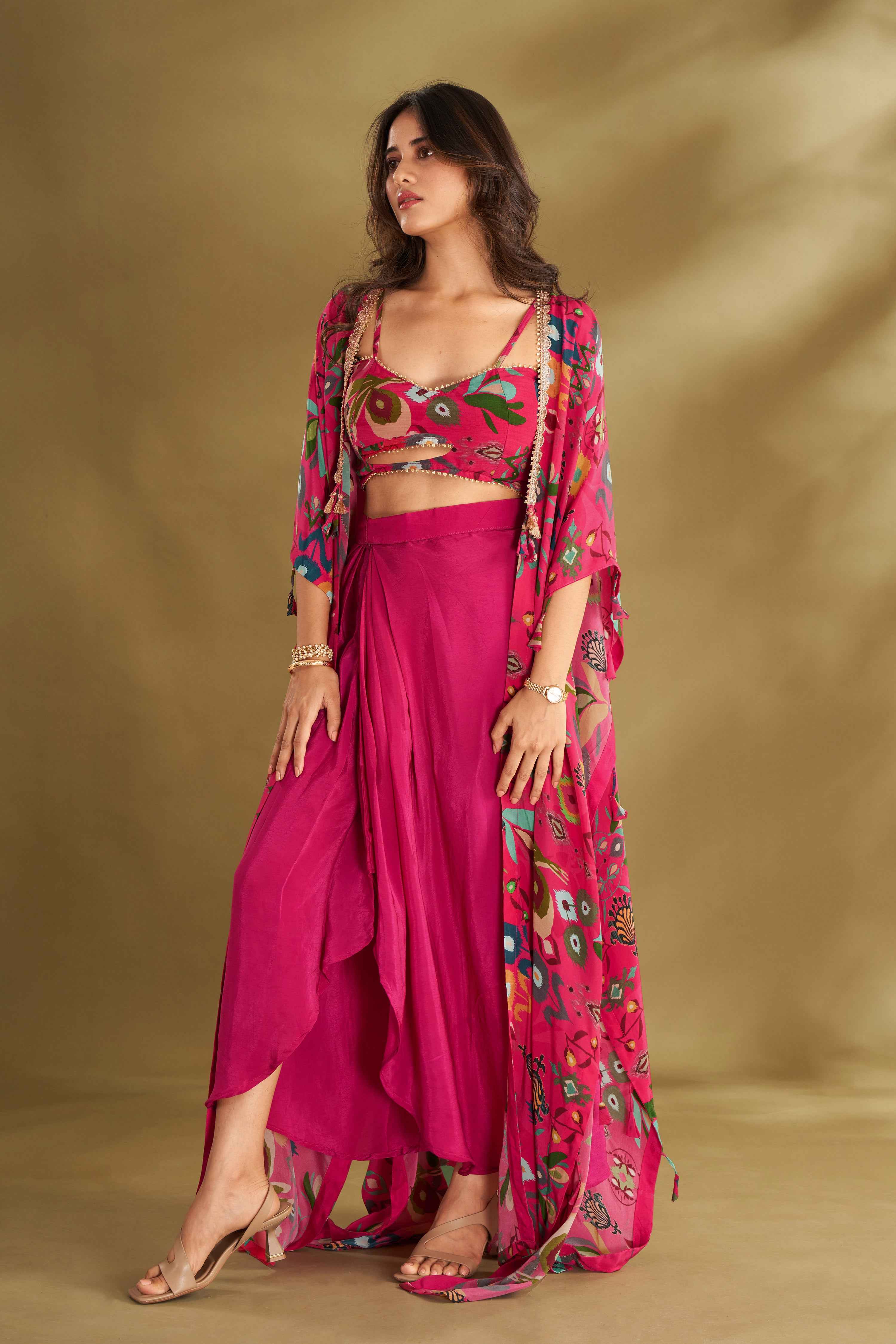 Hot Pink Drape Skirt & Cape Set