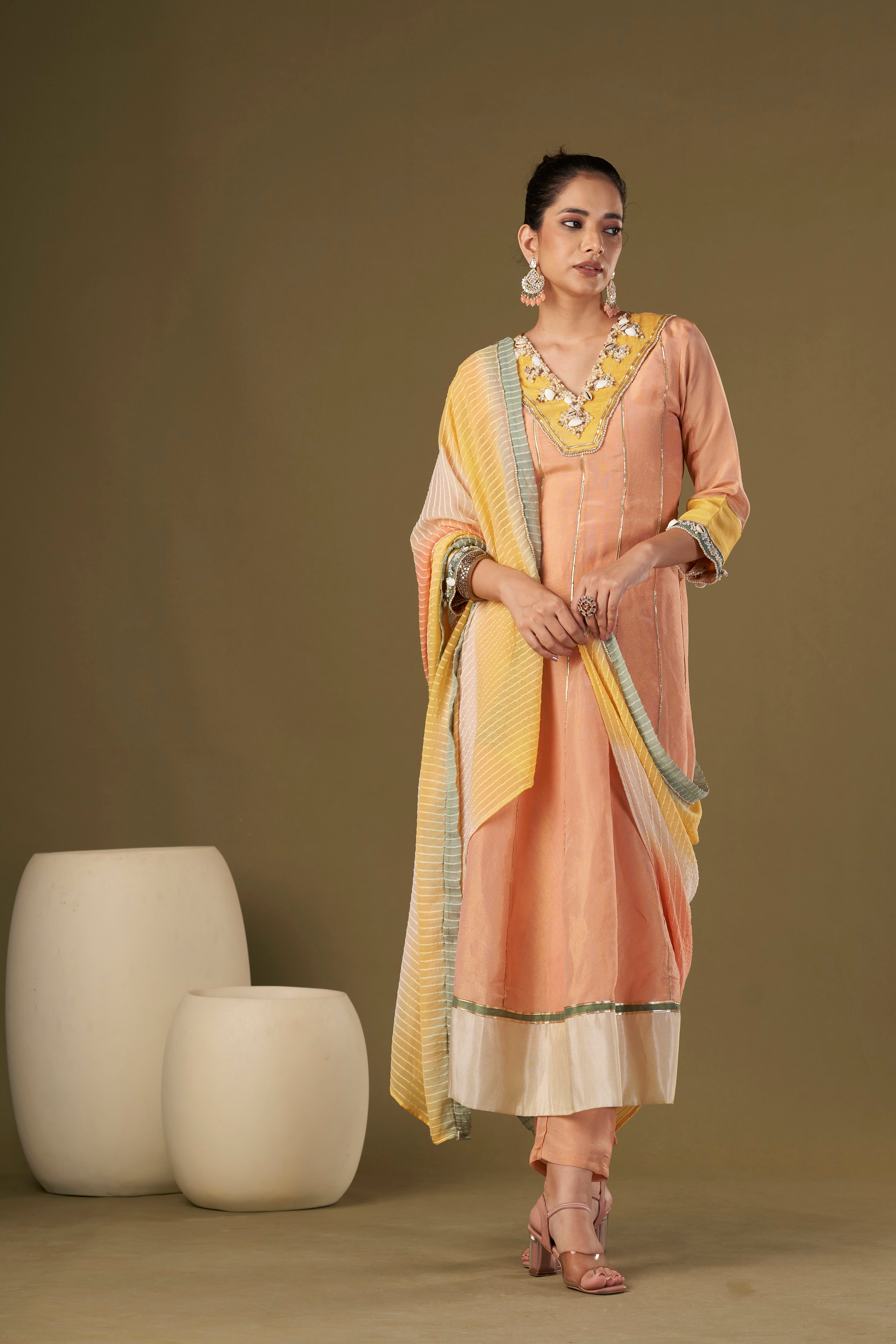 Tisya Peach Tissue Silk Anarkali Set
