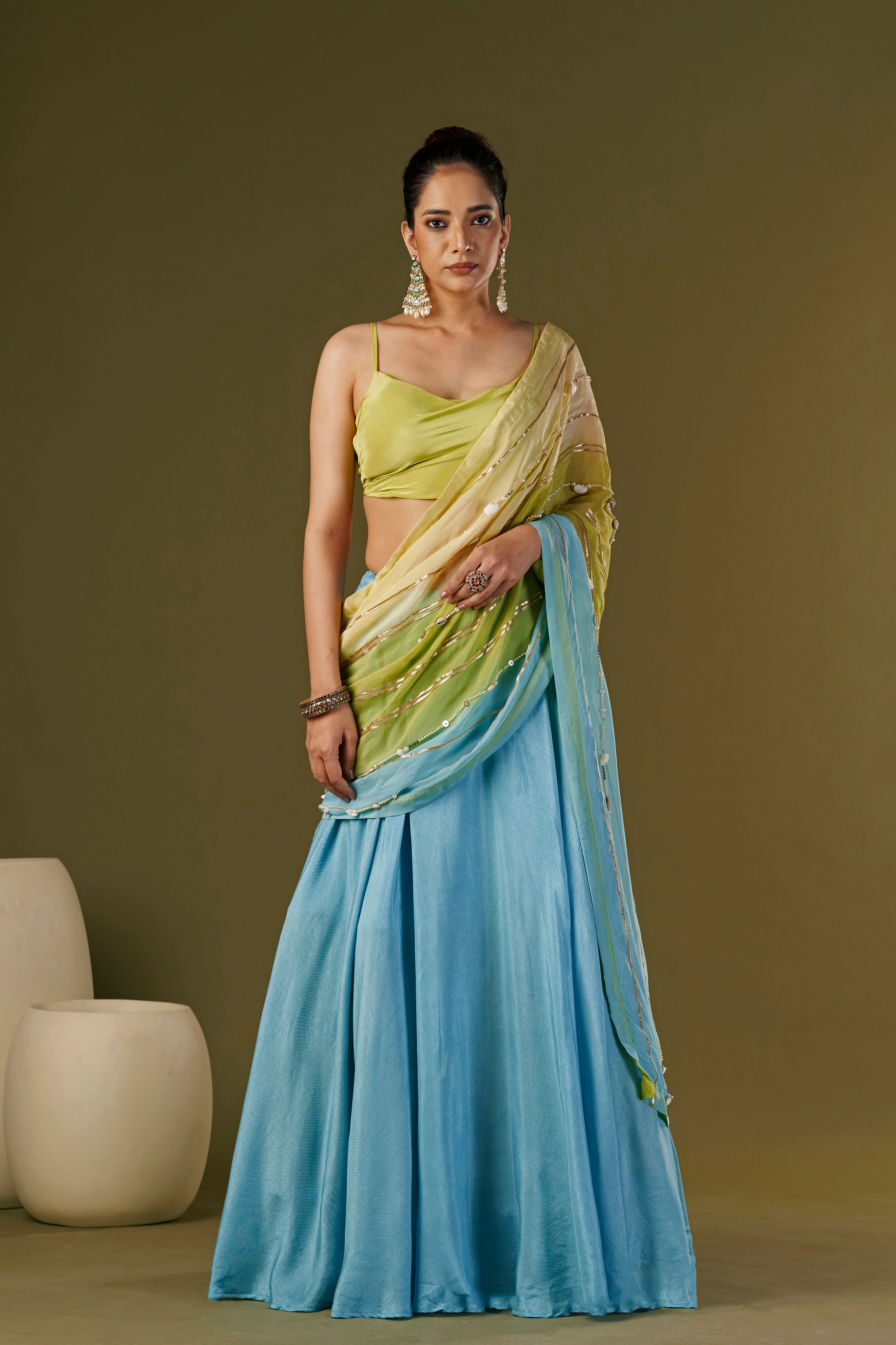 Tisya Sky Blue Lehenga Saree With Cowl Neck Blouse