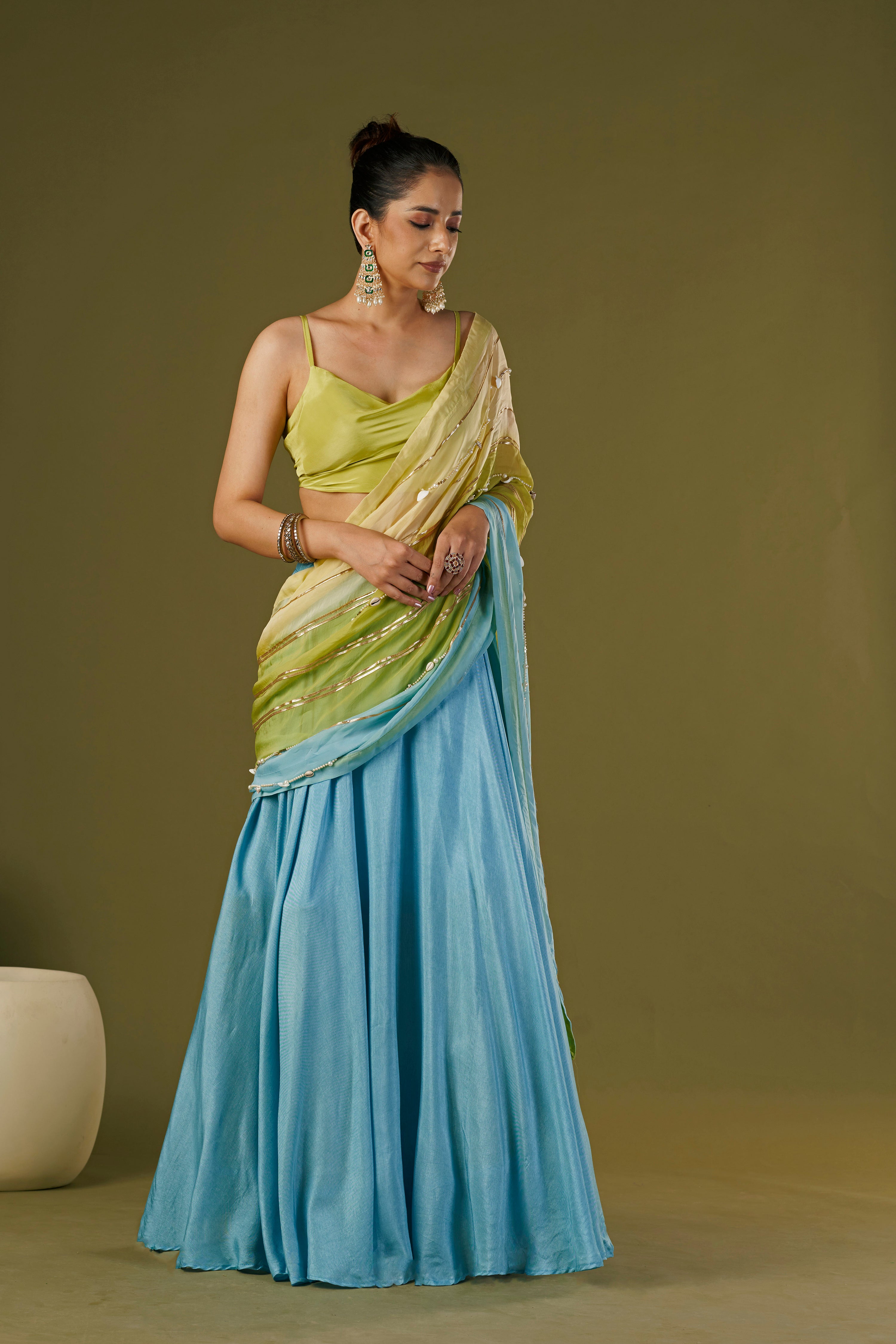 Tisya Sky Blue Lehenga Saree With Cowl Neck Blouse