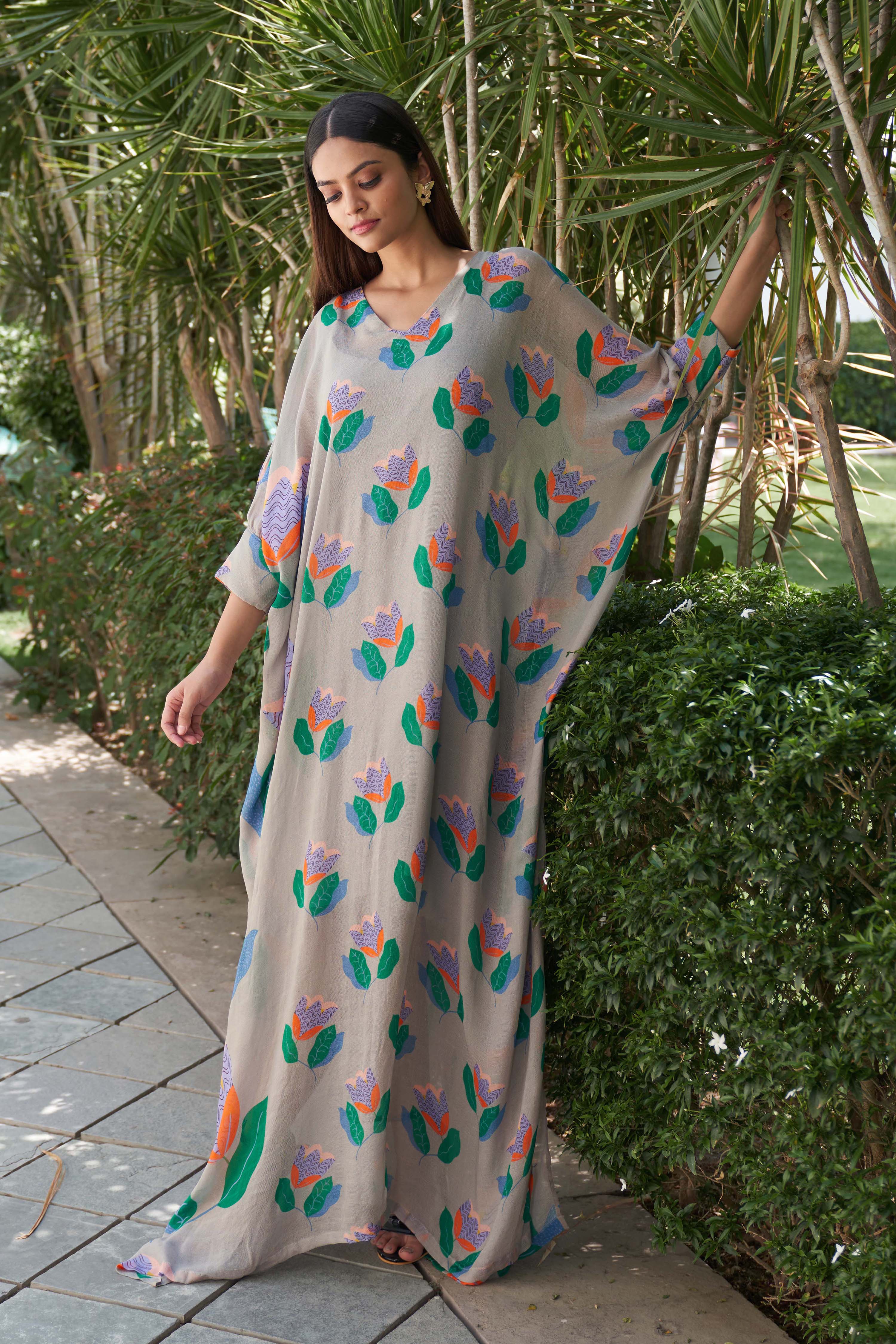 Summer Bloom Printed Grey Kaftan