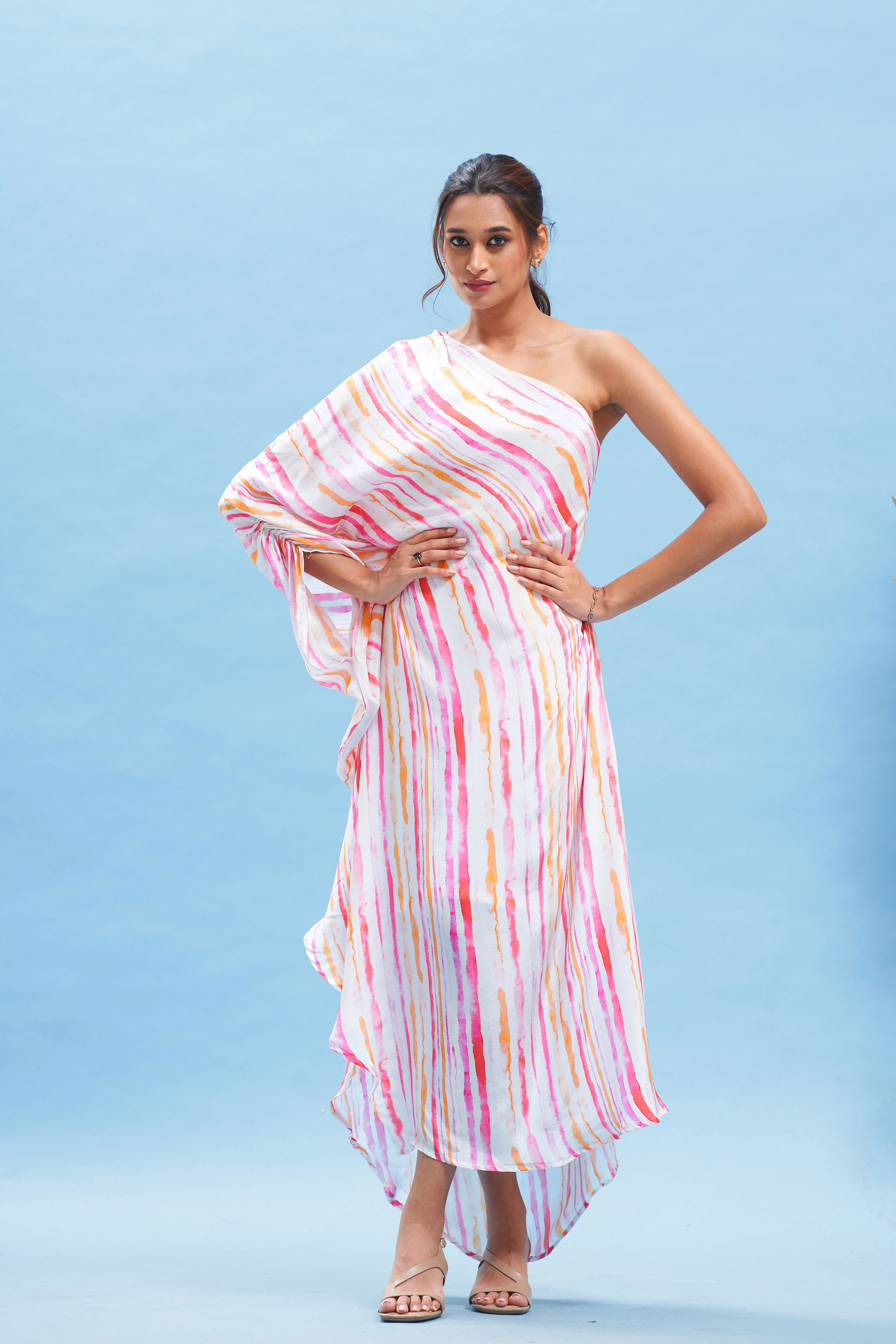 Candy Striped One Shoulder Kaftan Dress