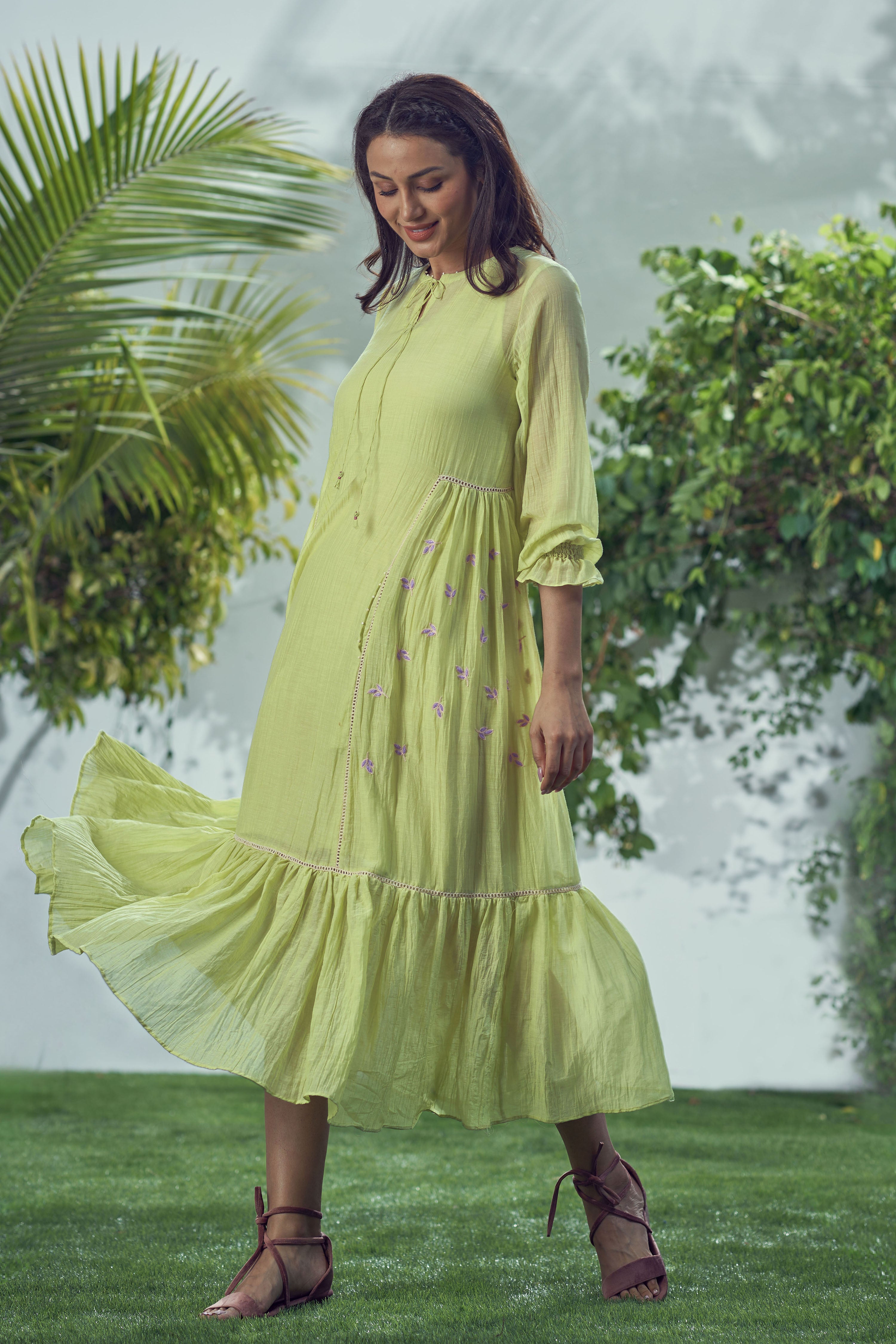 Baarik Lime Green Gathered Dress